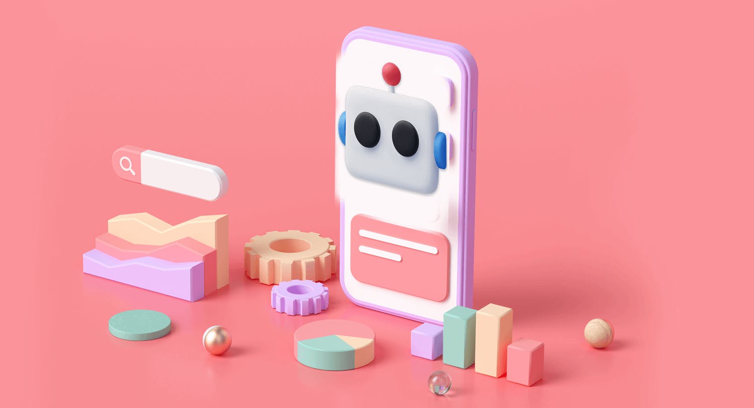 3D Illustration of a smartphone with a bot on it surrounded by AI and data analytics symbols