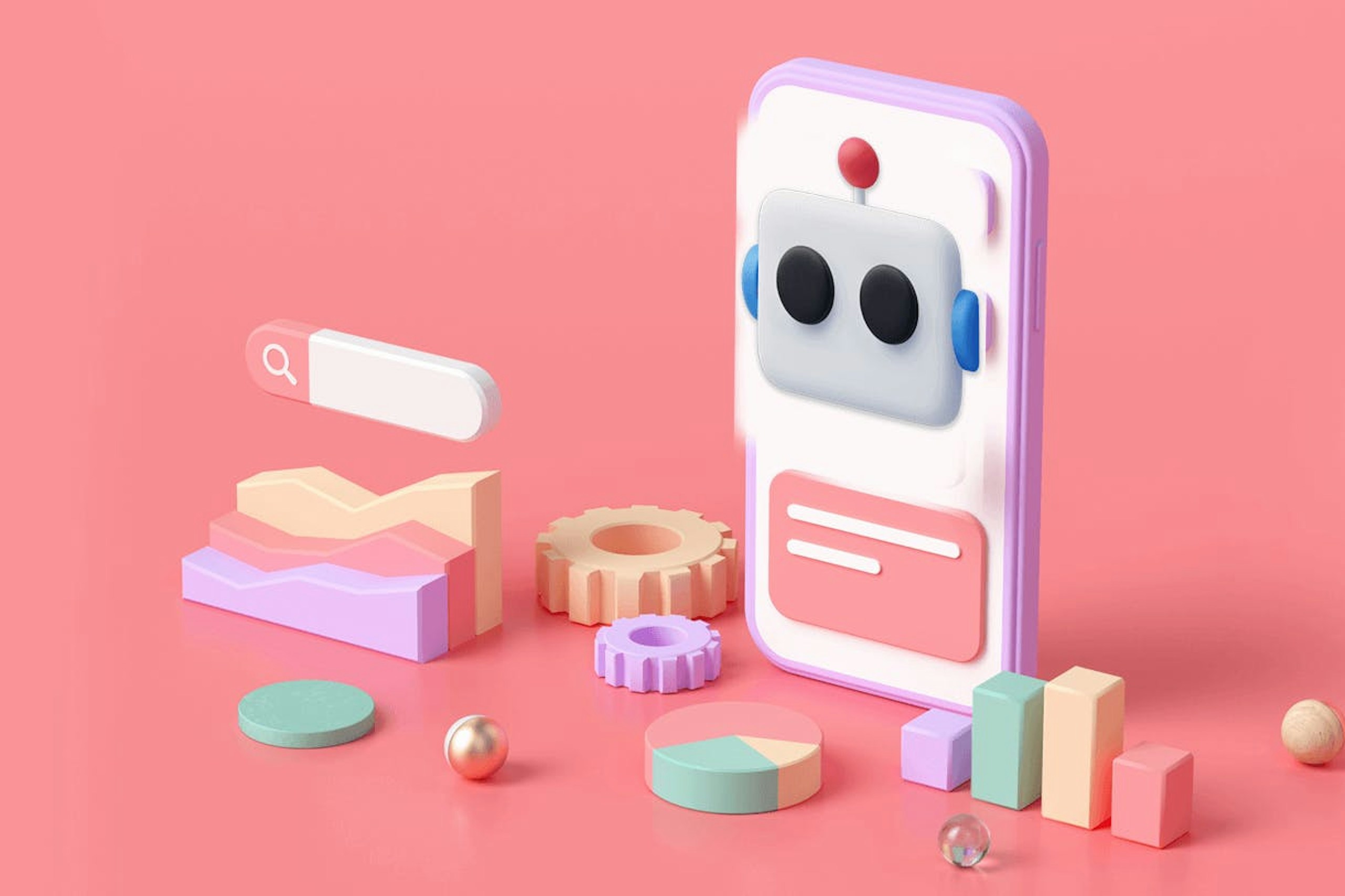 3D Illustration of a smartphone with a bot on it surrounded by AI and data analytics symbols