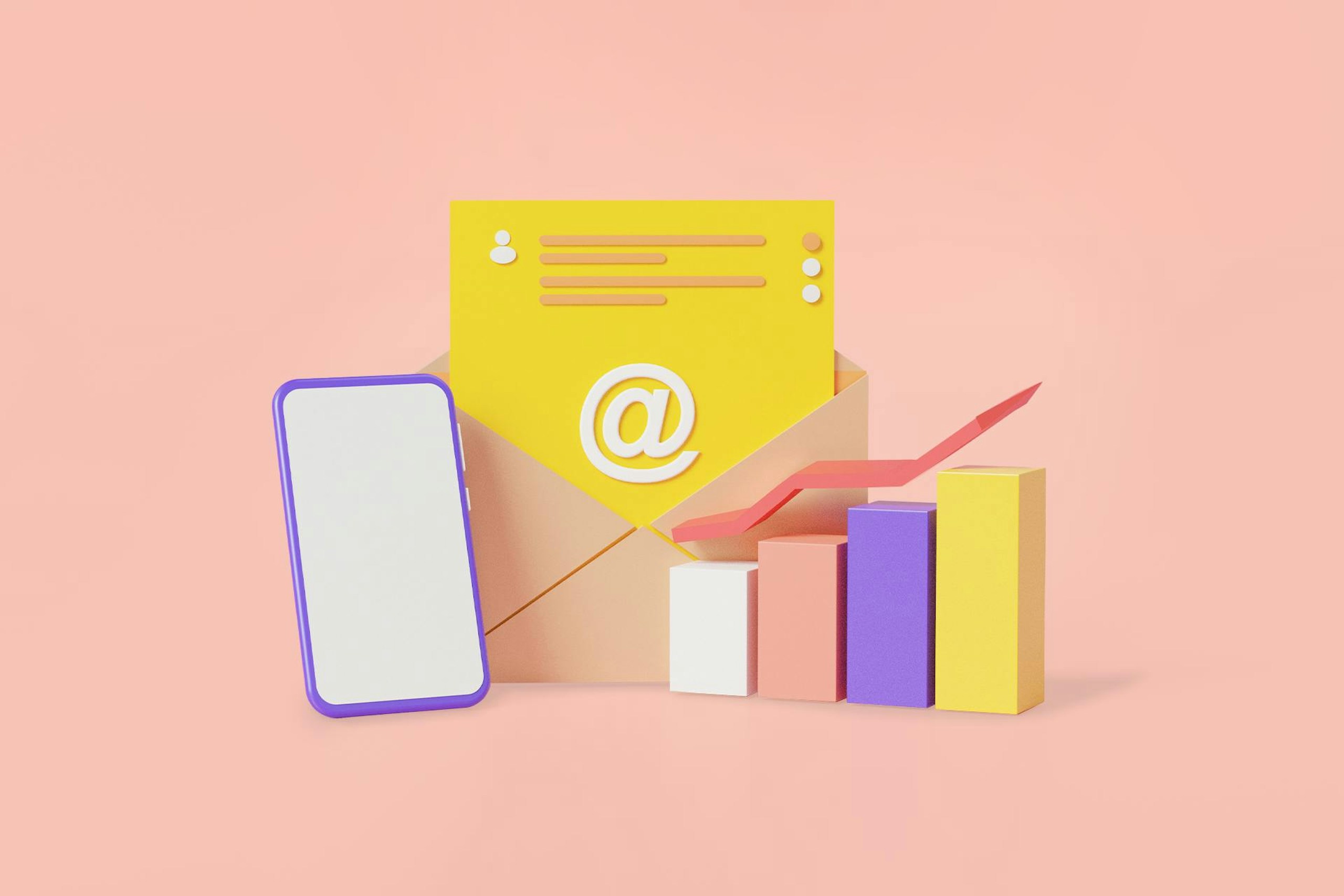 colourful graphic design image of a smartphone, email template and graph