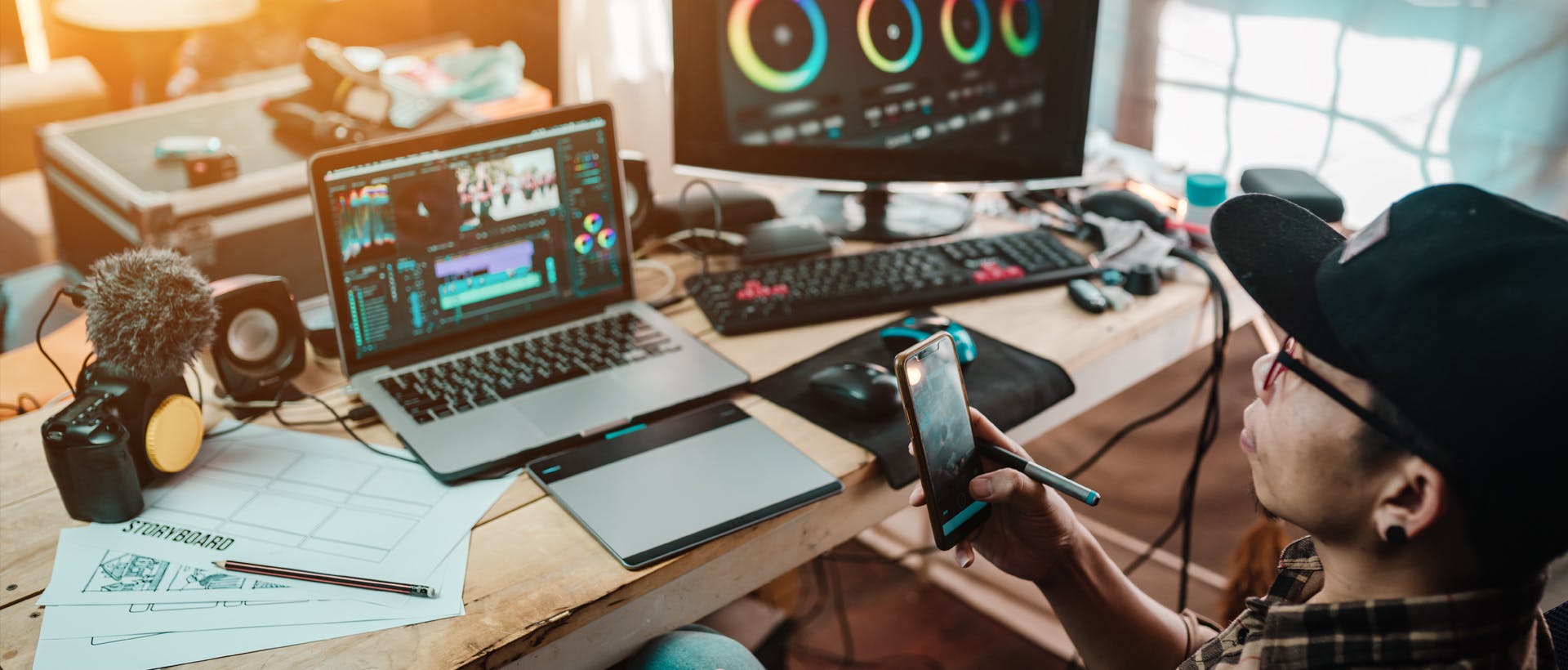 man on a smartphone with a large video editing desktop setup in the background