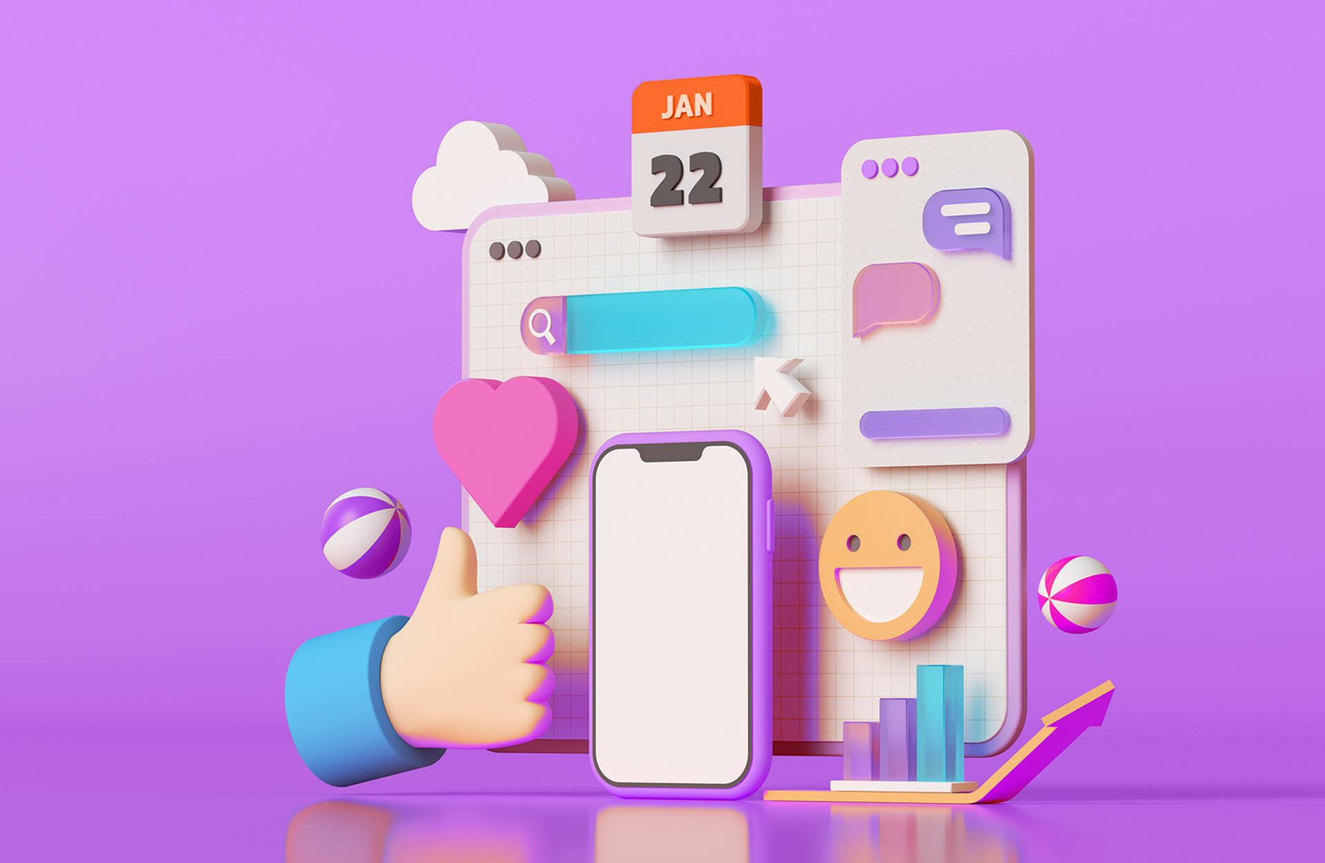 An illustration showing a number of social media icons floating in front of a computer screen. Social Media Content Calendar Template resource.