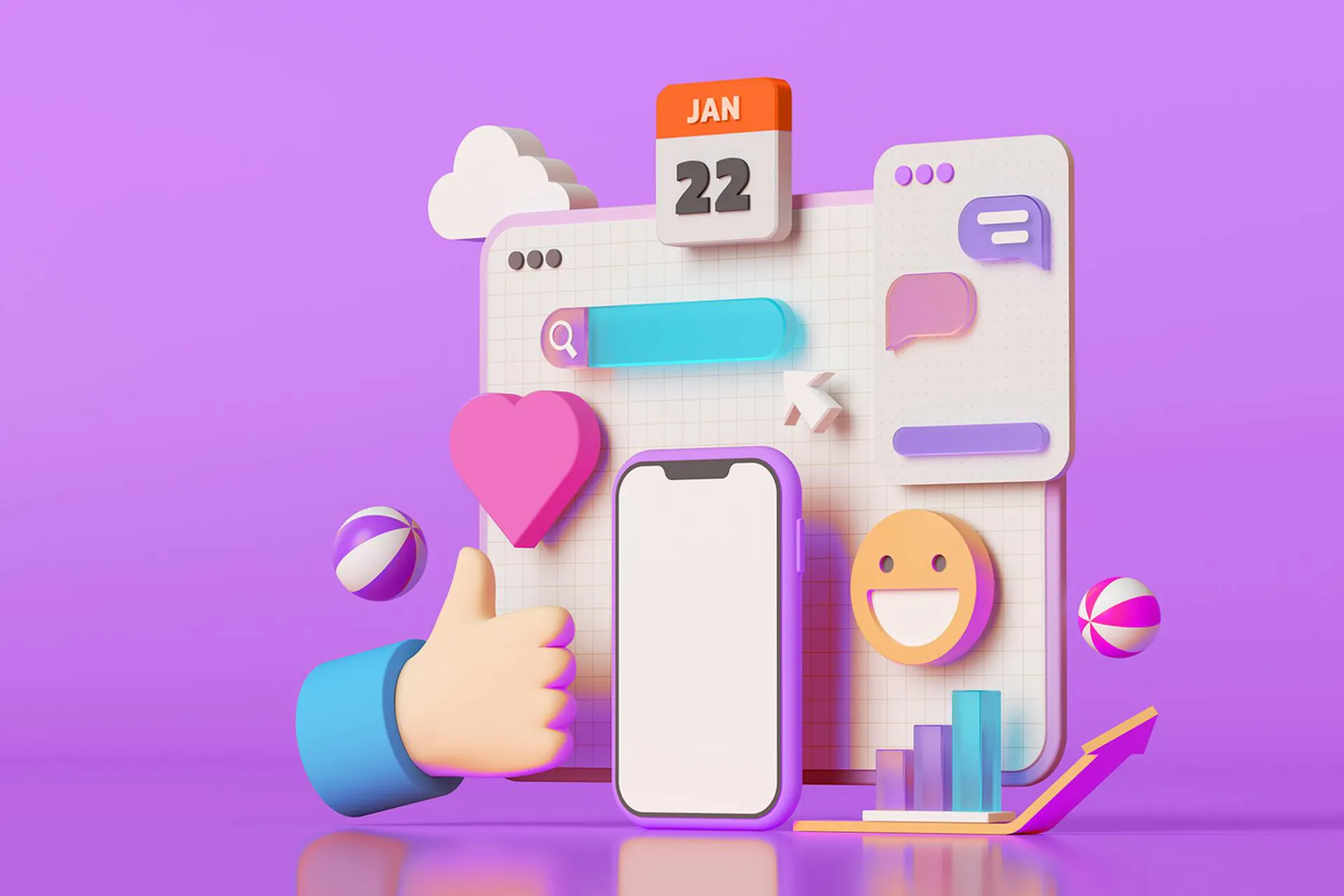 An illustration showing a number of social media icons floating in front of a computer screen. Social Media Content Calendar Template resource.