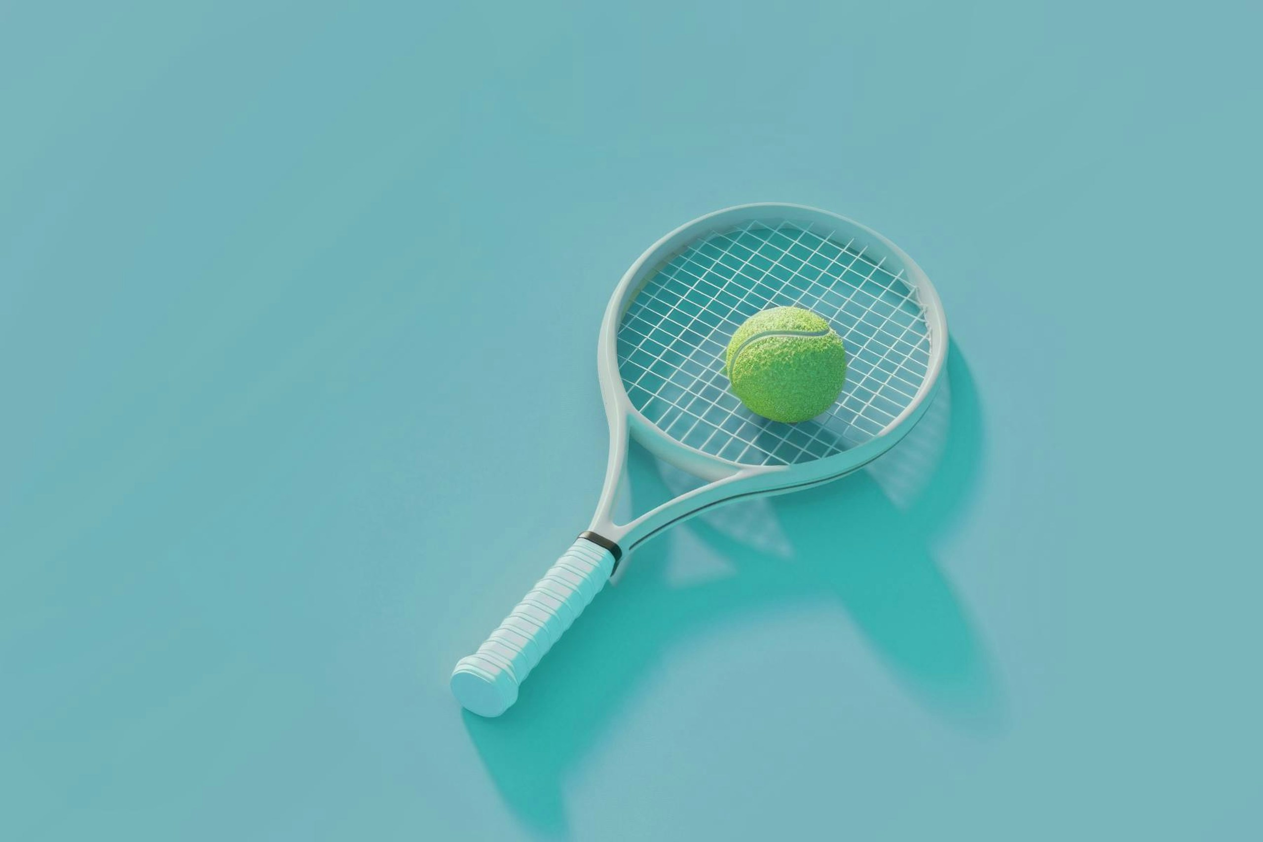A green tennis ball sits on a blue racket in this image for a Meltwater social listening and analytics and consumer intelligence blog about Wimbledon