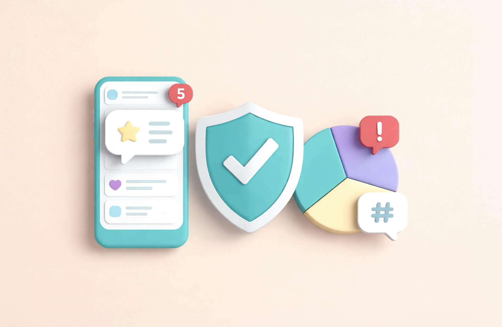 Image showing a smartphone screen with a message and red notification badge next to a green badge with a white checkmark. There is also a piechart next to the badge with a red alert signal and a hashtag. Blog post image for social media reputation management