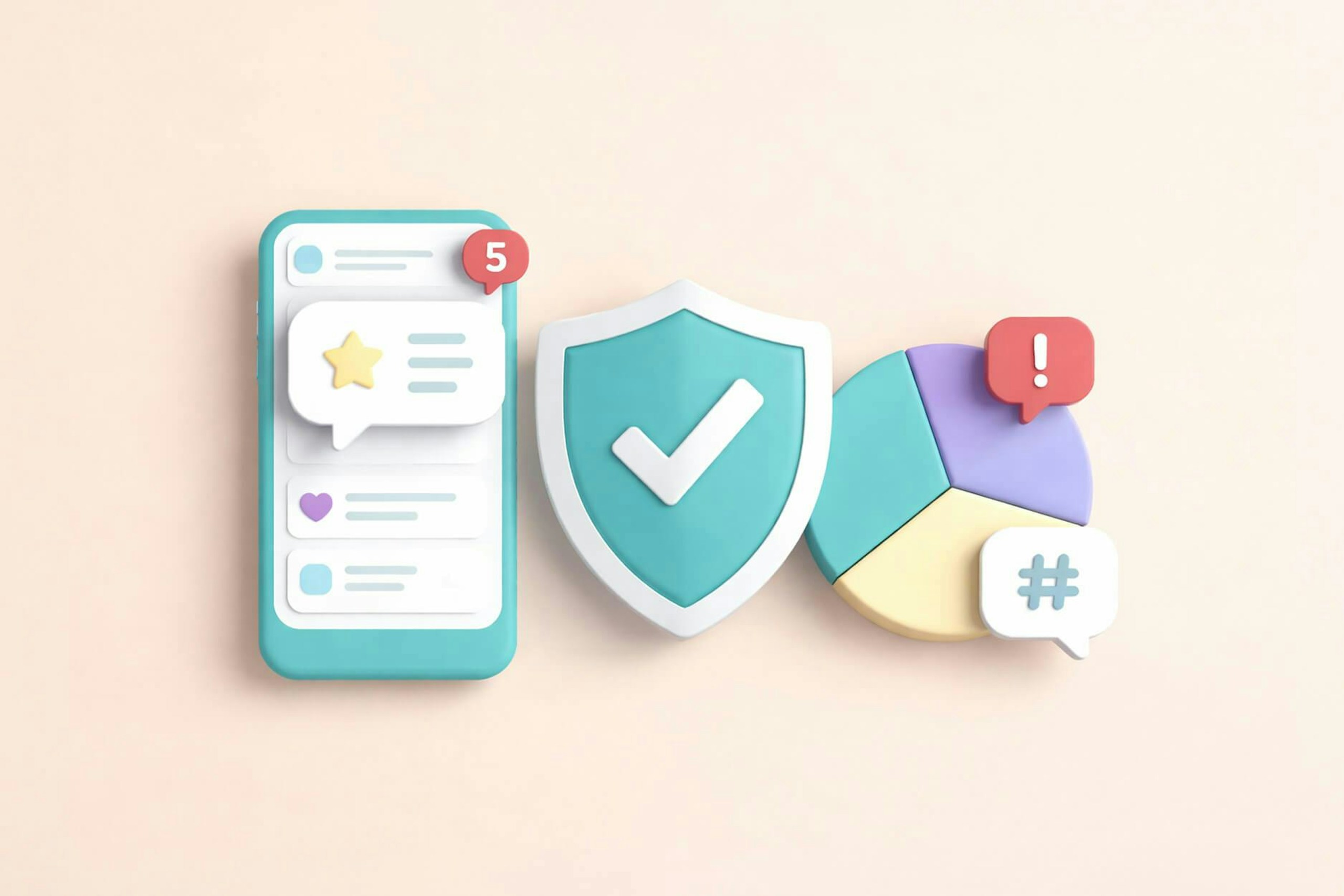Image showing a smartphone screen with a message and red notification badge next to a green badge with a white checkmark. There is also a piechart next to the badge with a red alert signal and a hashtag. Blog post image for social media reputation management