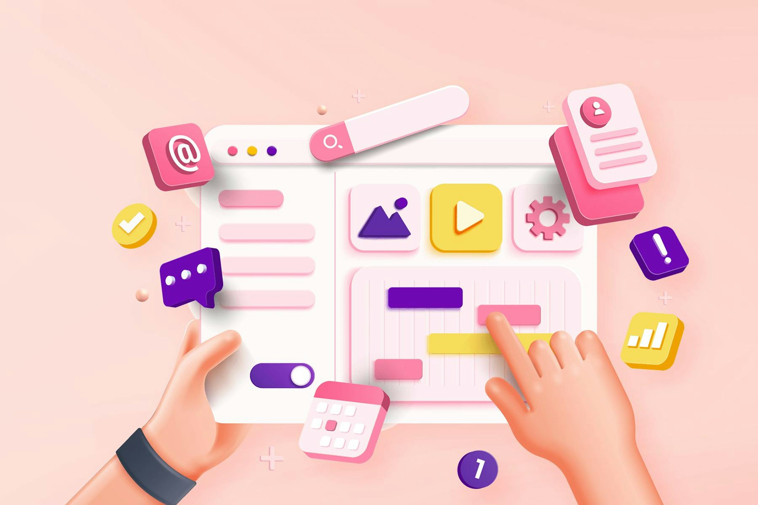 illustration of hands browsing a dashboard of data representing social media research