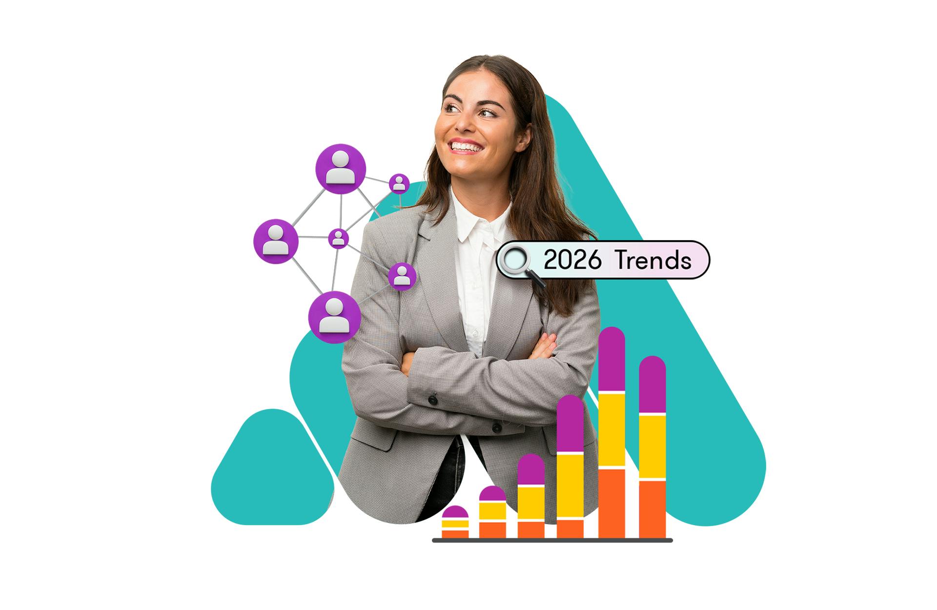 A lady in a suit with her arms crossed and images of charts around her