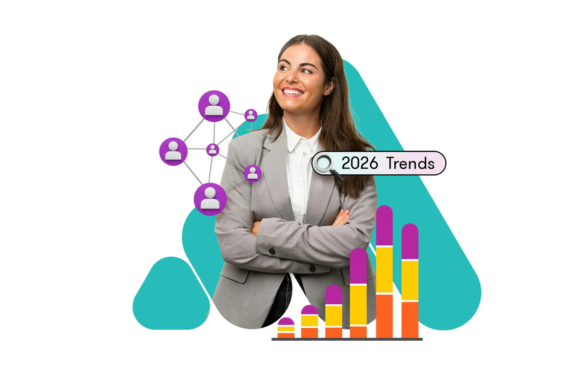 A lady in a suit with her arms crossed and images of charts around her