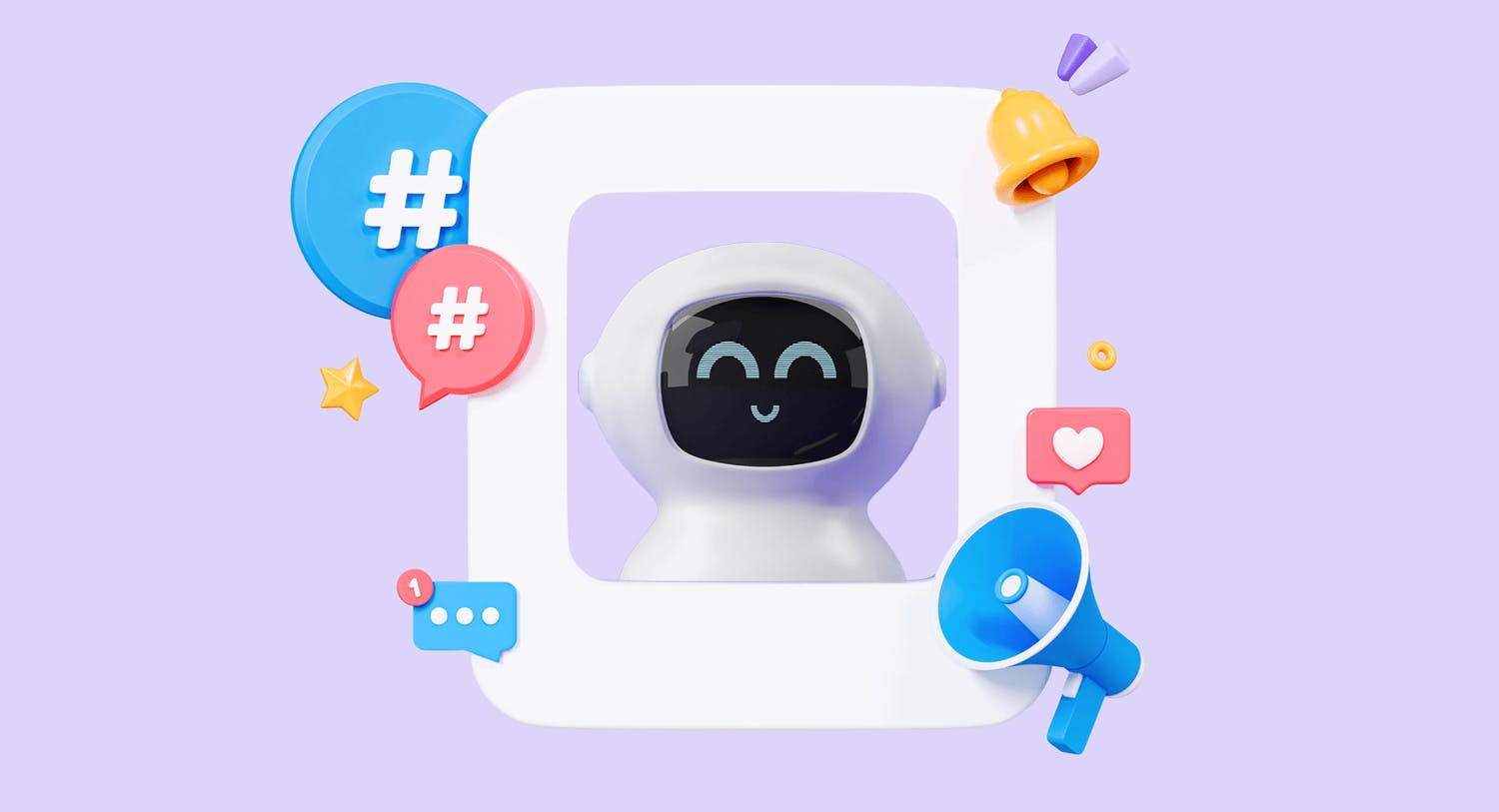 A robot featured on a screen, surrounded by PR related symbols such as a loudhailer, social media emojis and hashtags.
