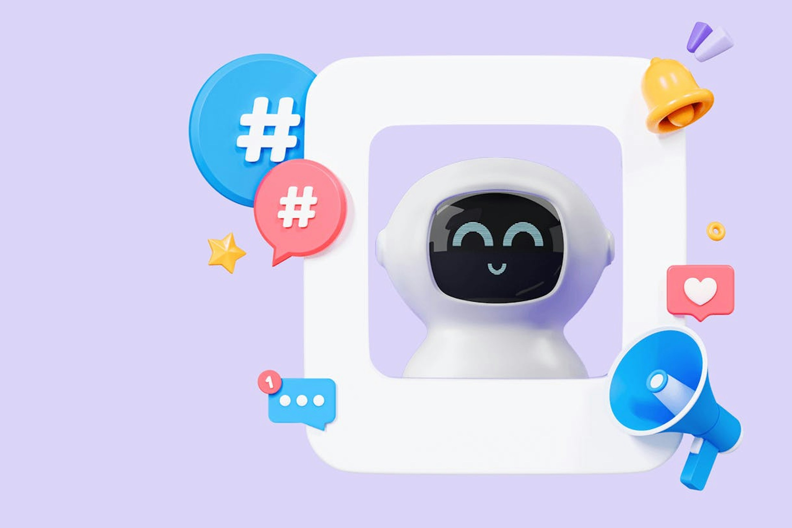 A robot featured on a screen, surrounded by PR related symbols such as a loudhailer, social media emojis and hashtags.