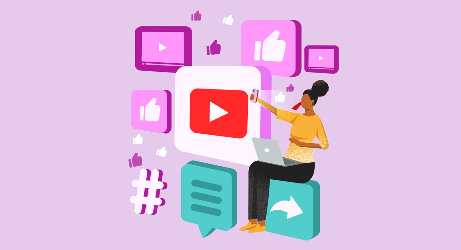 An illustration of a woman sitting on a bunch of social media and video icons, like a video play button and like button, while she records herself for a YouTube video. This image is being used for Meltwater's Ultimate Guide to YouTube Marketing eBook. 