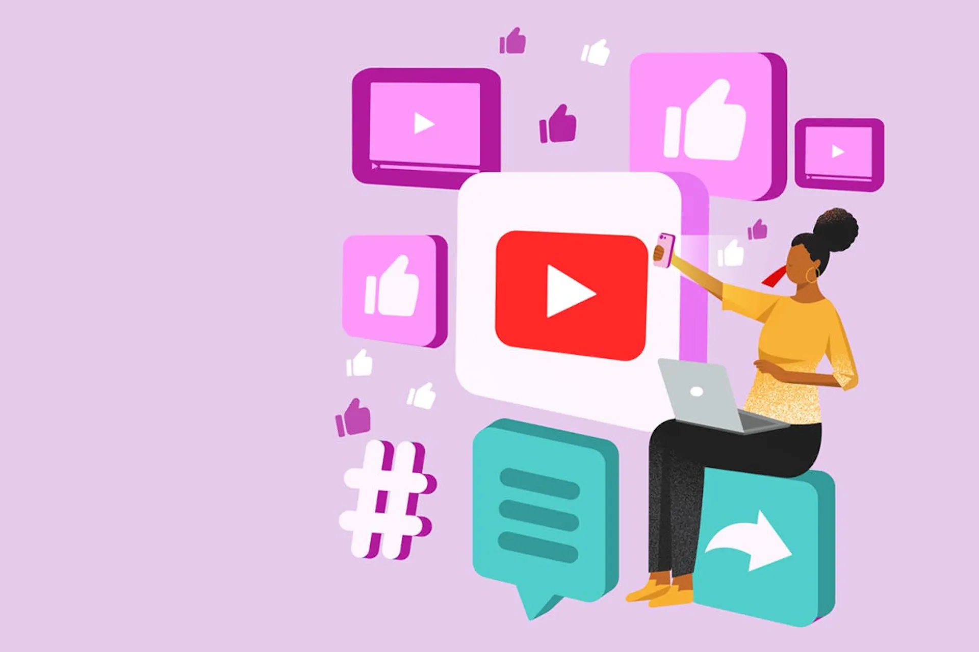 An illustration of a woman sitting on a bunch of social media and video icons, like a video play button and like button, while she records herself for a YouTube video. This image is being used for Meltwater's Ultimate Guide to YouTube Marketing eBook.