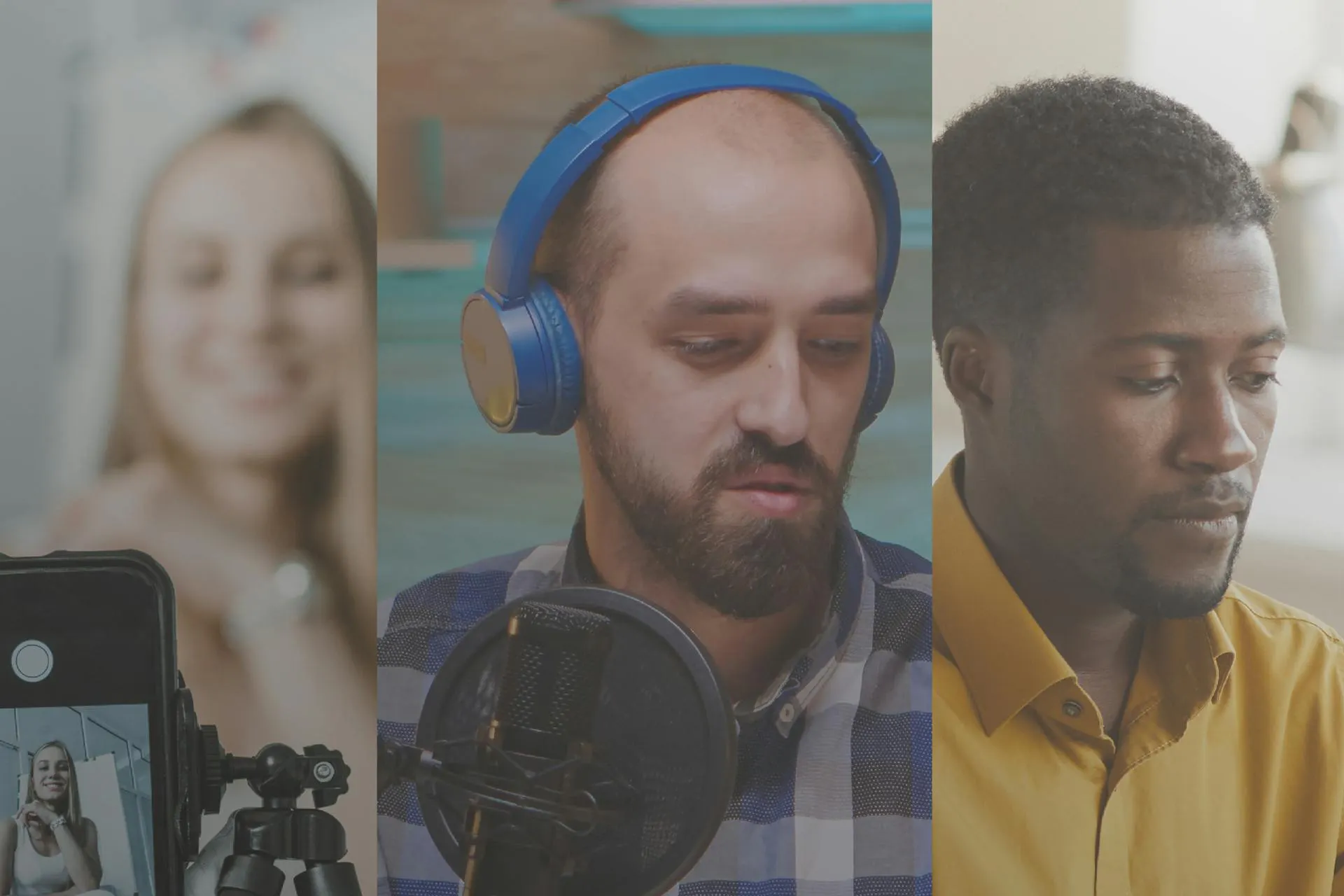 image of three comms professionals, including a video creator, a podcaster, and a man on a computer