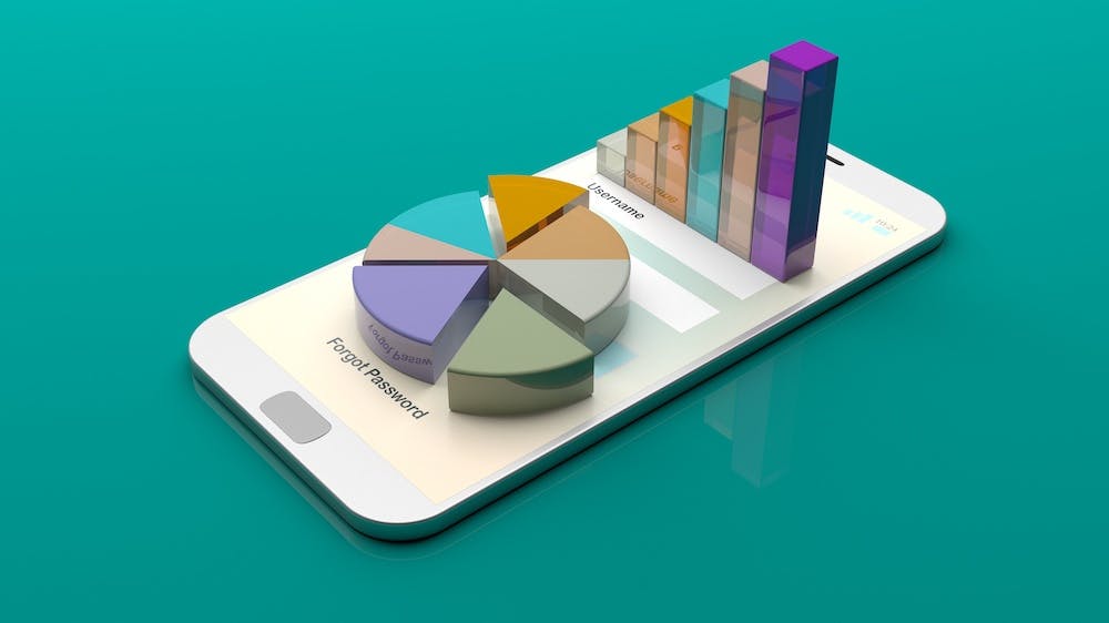 Man sieht einen türkisen Hintergrund, auf dem ein Smartphone liegt, aus dem 3D Grafiken kommen. Das ist das Titelbild zu unserem Beitrag zu PR-Reporting und PR-Reports.