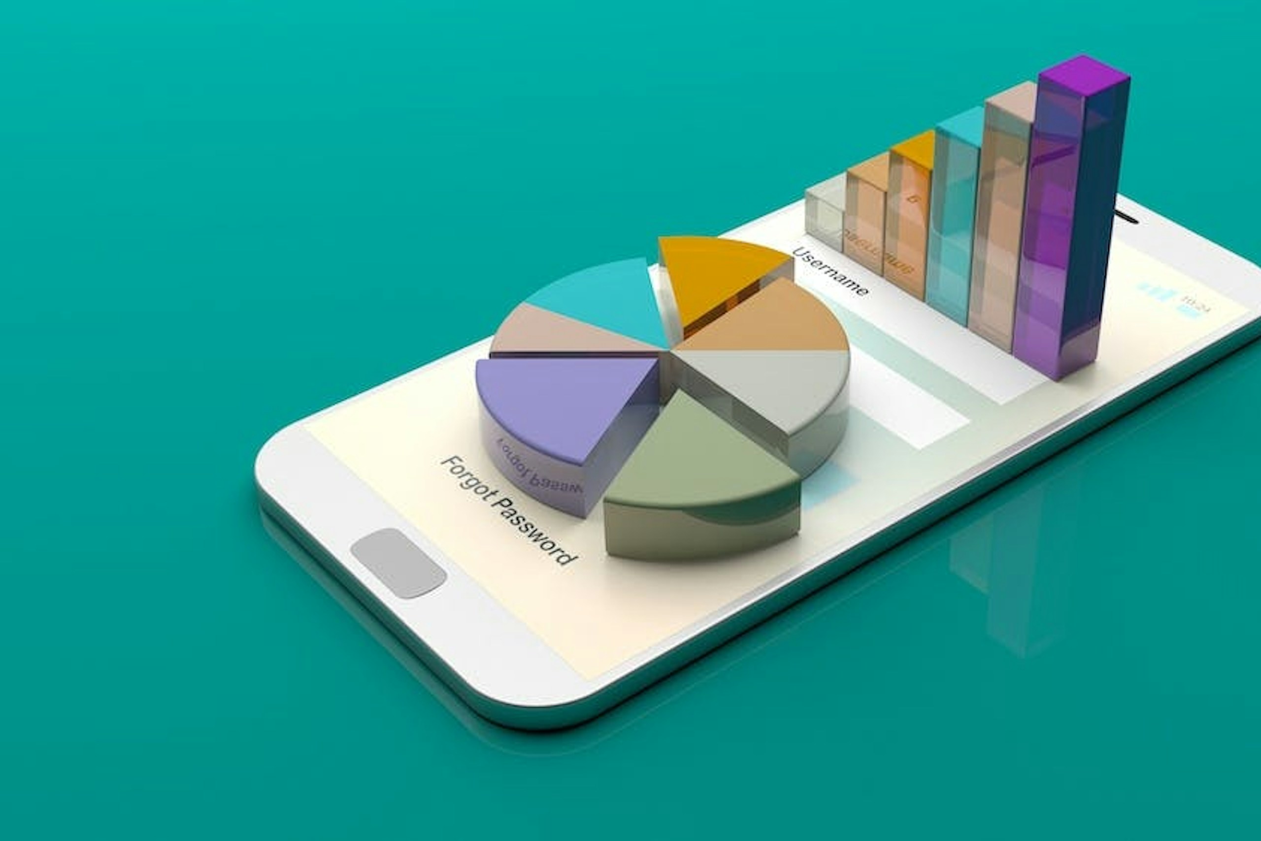 Man sieht einen türkisen Hintergrund, auf dem ein Smartphone liegt, aus dem 3D Grafiken kommen. Das ist das Titelbild zu unserem Beitrag zu PR-Reporting und PR-Reports.