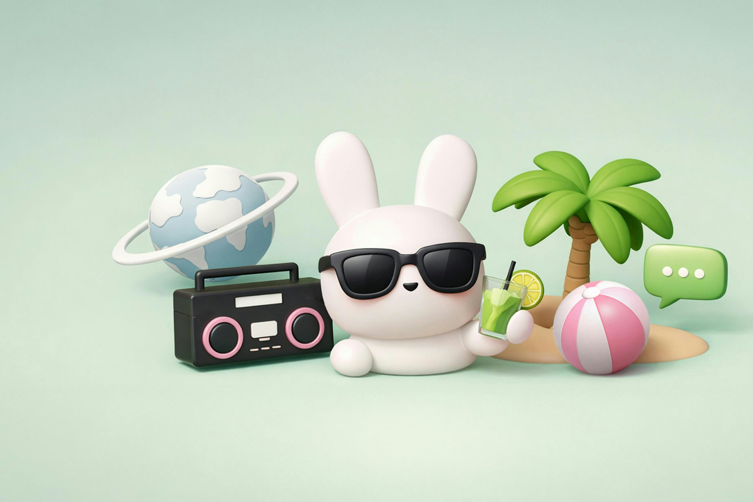 A white bunny wearing sunglasses holds a tropical drink beside an island, palm tree, boom box and more for a Meltwater blog about Bad Bunny