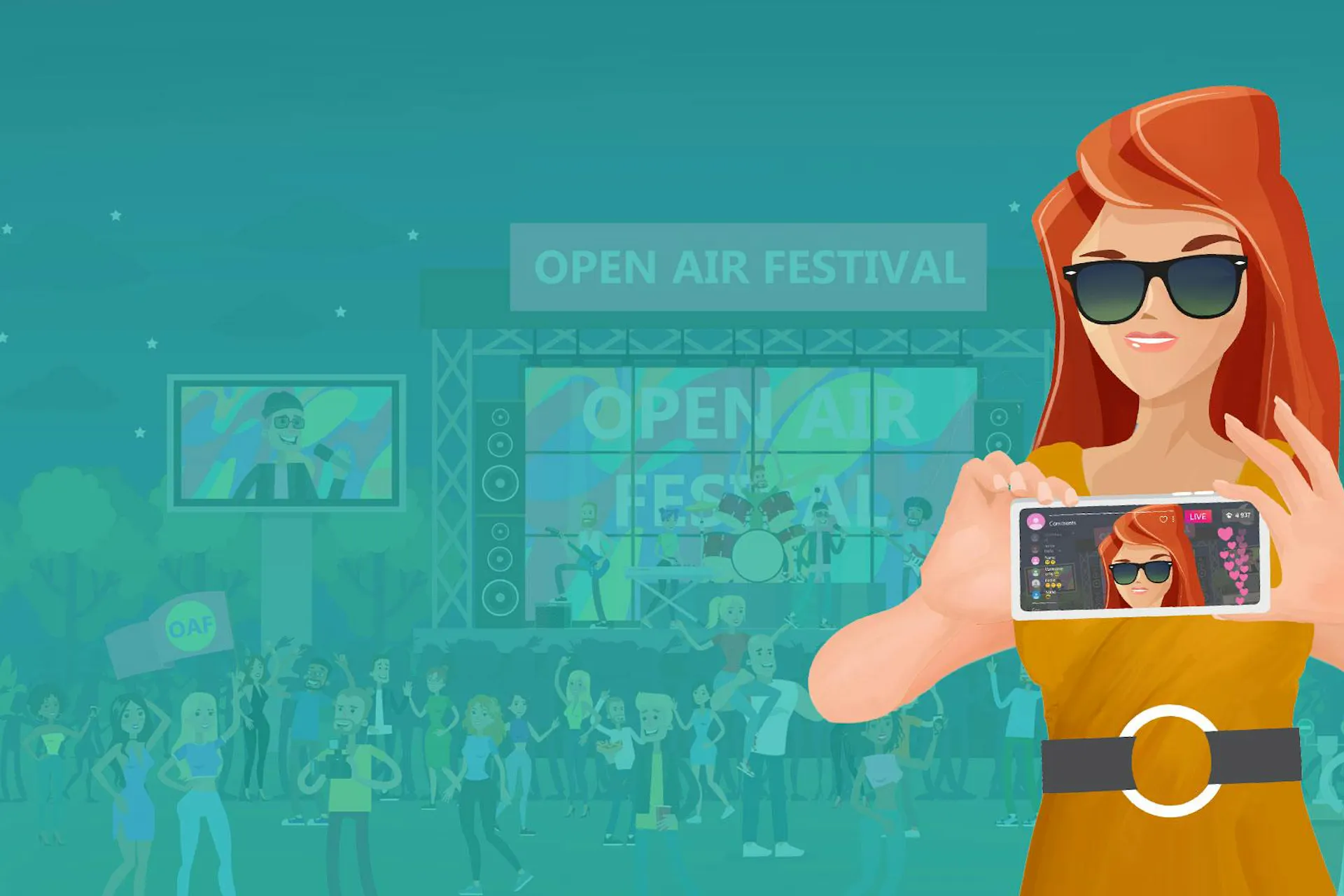 Illustration of a woman at a festival taking a selfie
