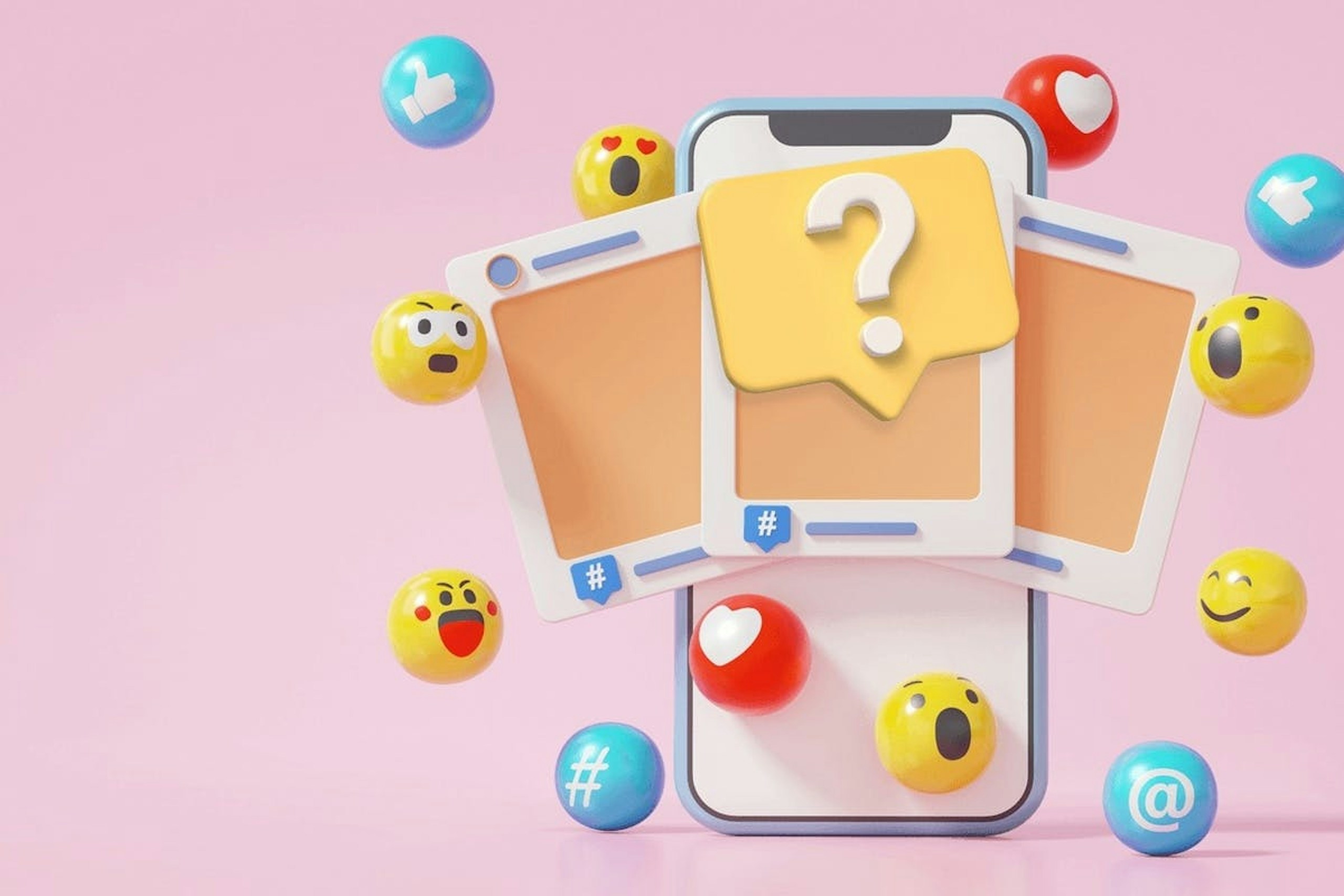 Illustration of a smartphone with social media content and iconography bursting out of it.