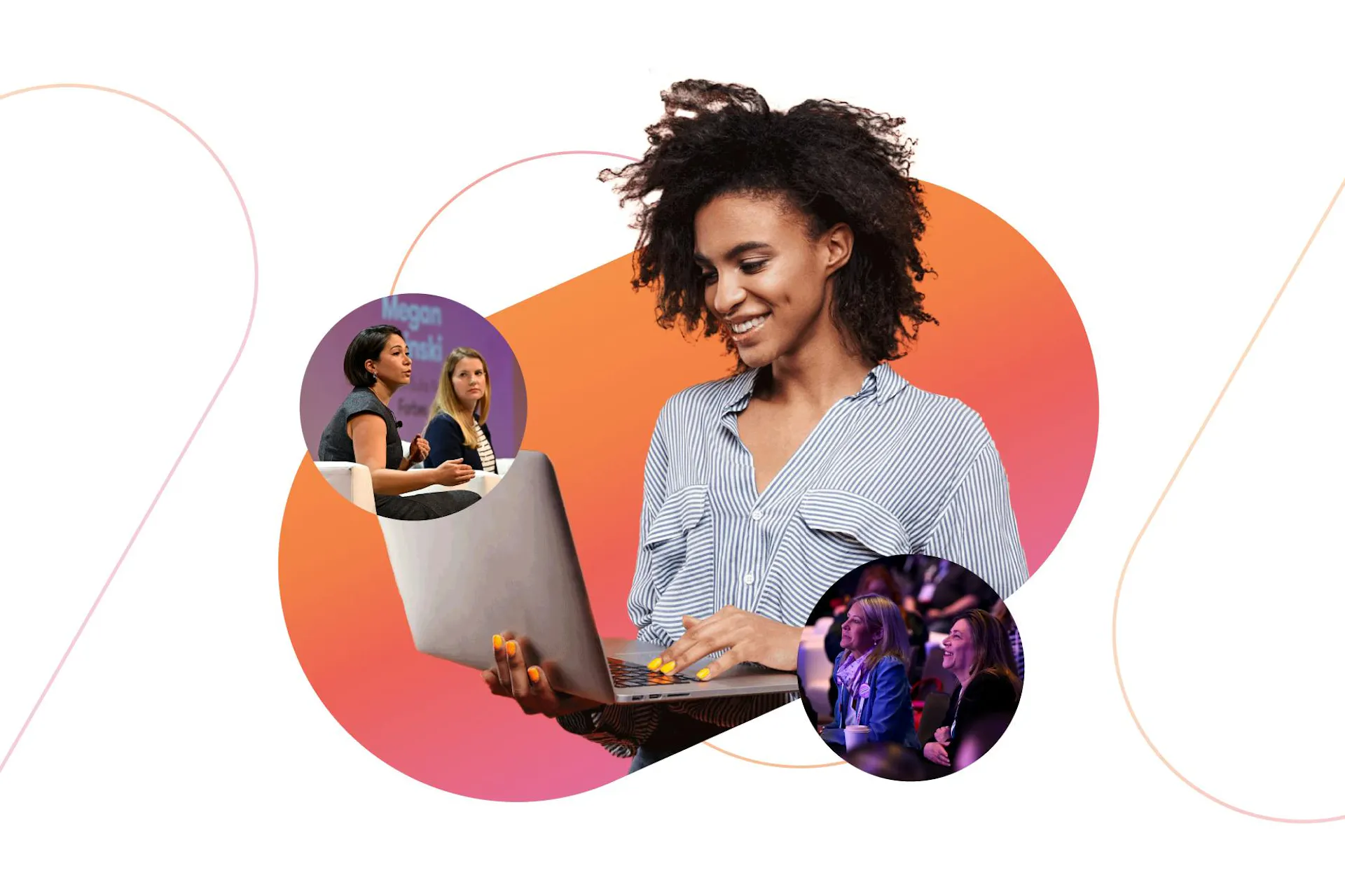 An image of a smiling PR director looking at a laptop. There are also two small bubbles with images from the Meltwater Summit 2025. Cover image for the Summit PR and Comms playbook.