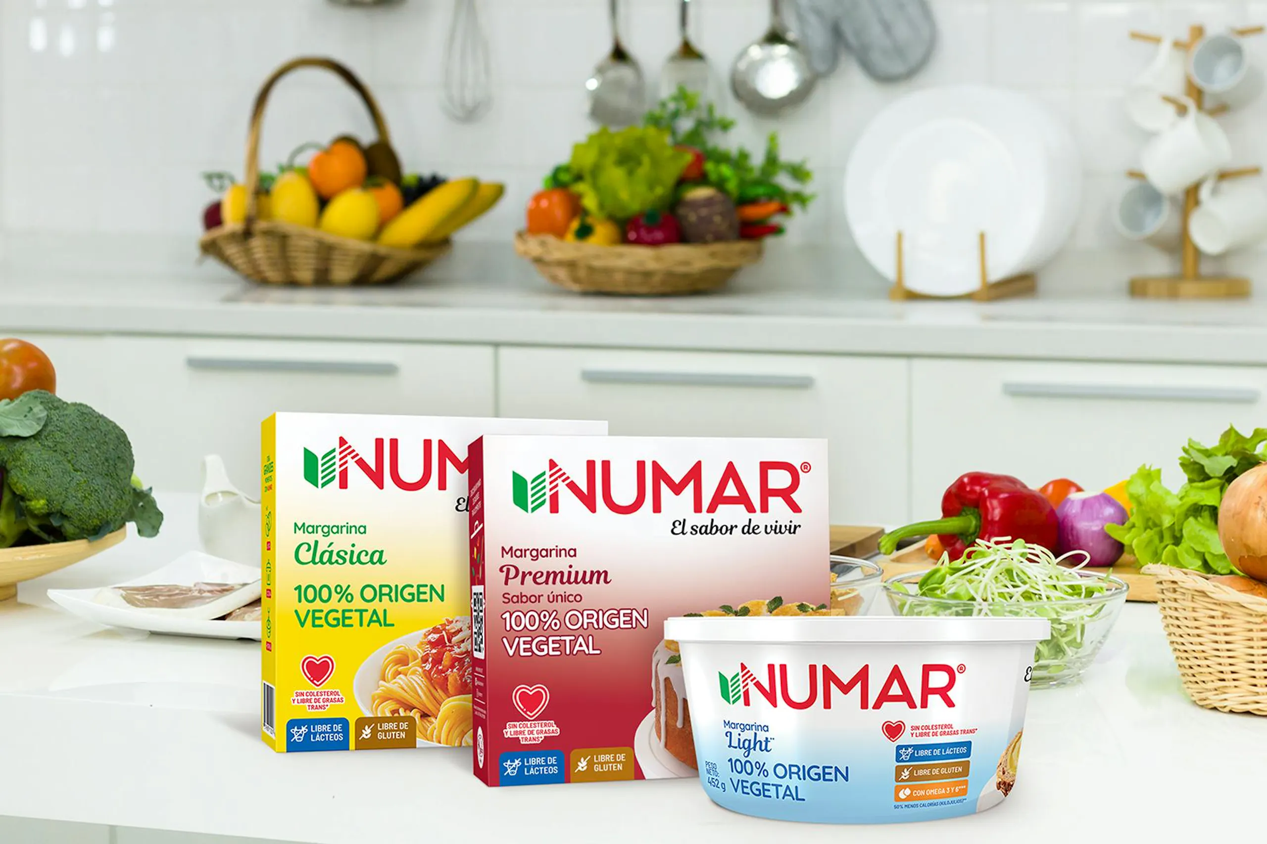 An image of three Numar brand vegetable spread products on a kitchen counter covered with baskets of vegetables in this image for a Meltwater case study of Grupo Numar