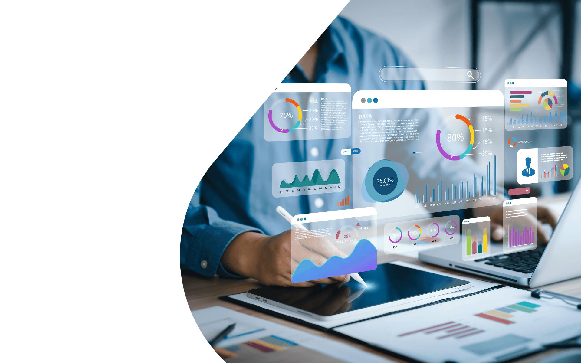 An image of a person at laptop with graphs and charts hovering above it, for the Marketers Guide to Unified Reporting.