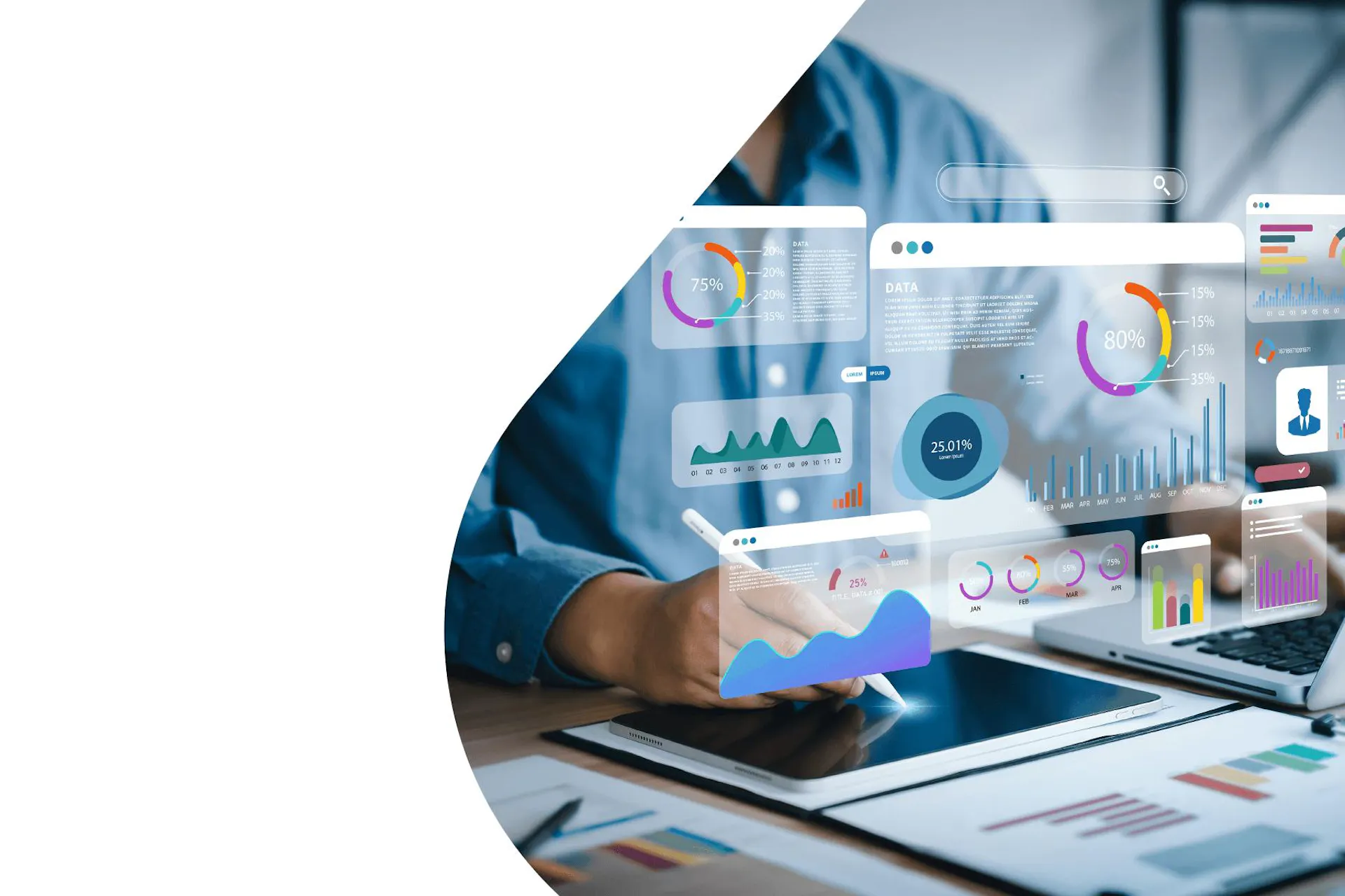 An image of a person at laptop with graphs and charts hovering above it, for the Marketers Guide to Unified Reporting.