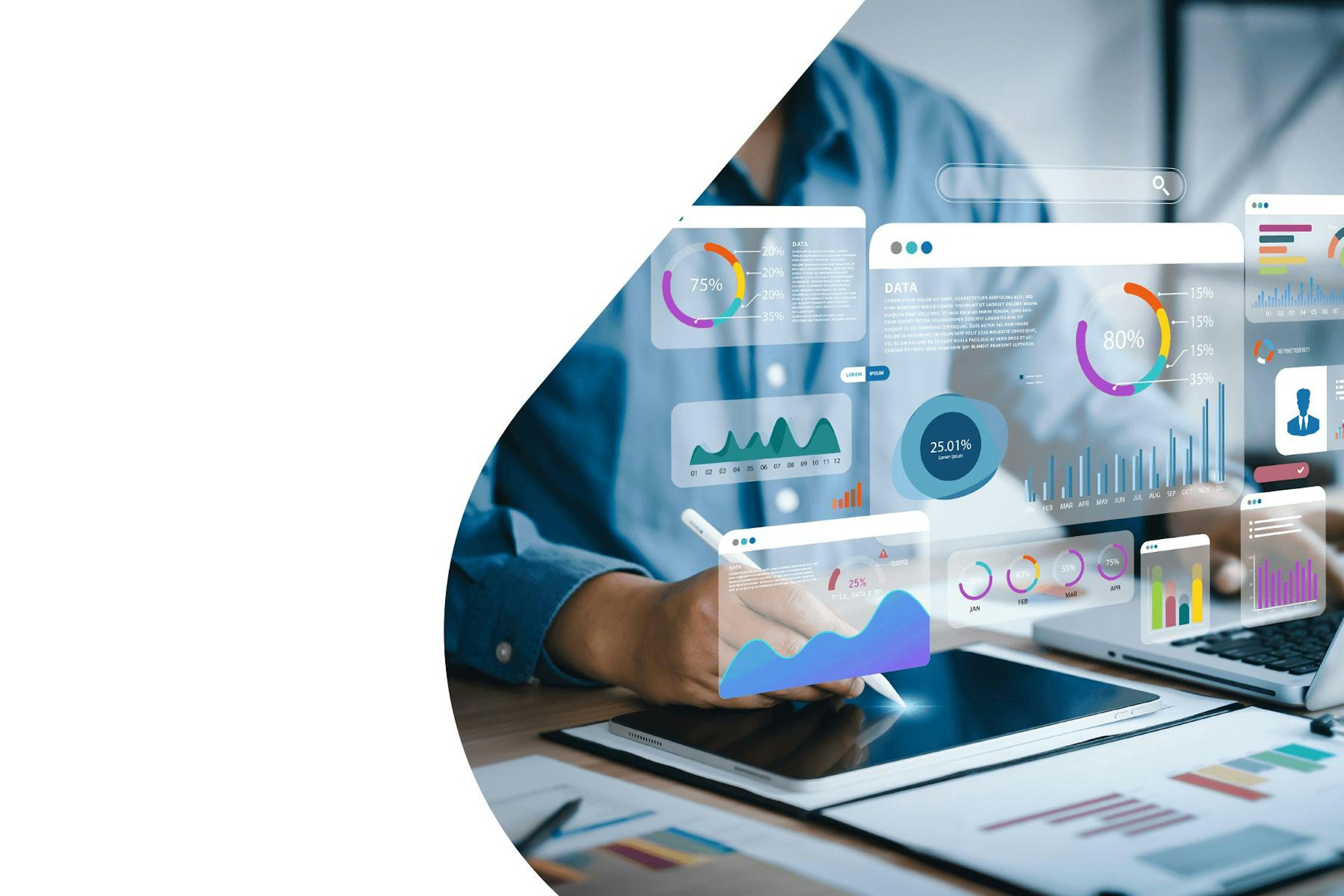 An image of a person at laptop with graphs and charts hovering above it, for the Marketers Guide to Unified Reporting.