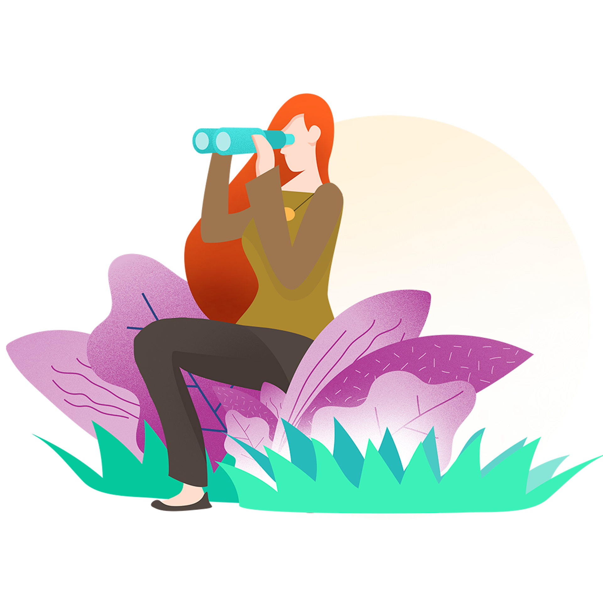 Graphic illustration of woman looking into a telescope