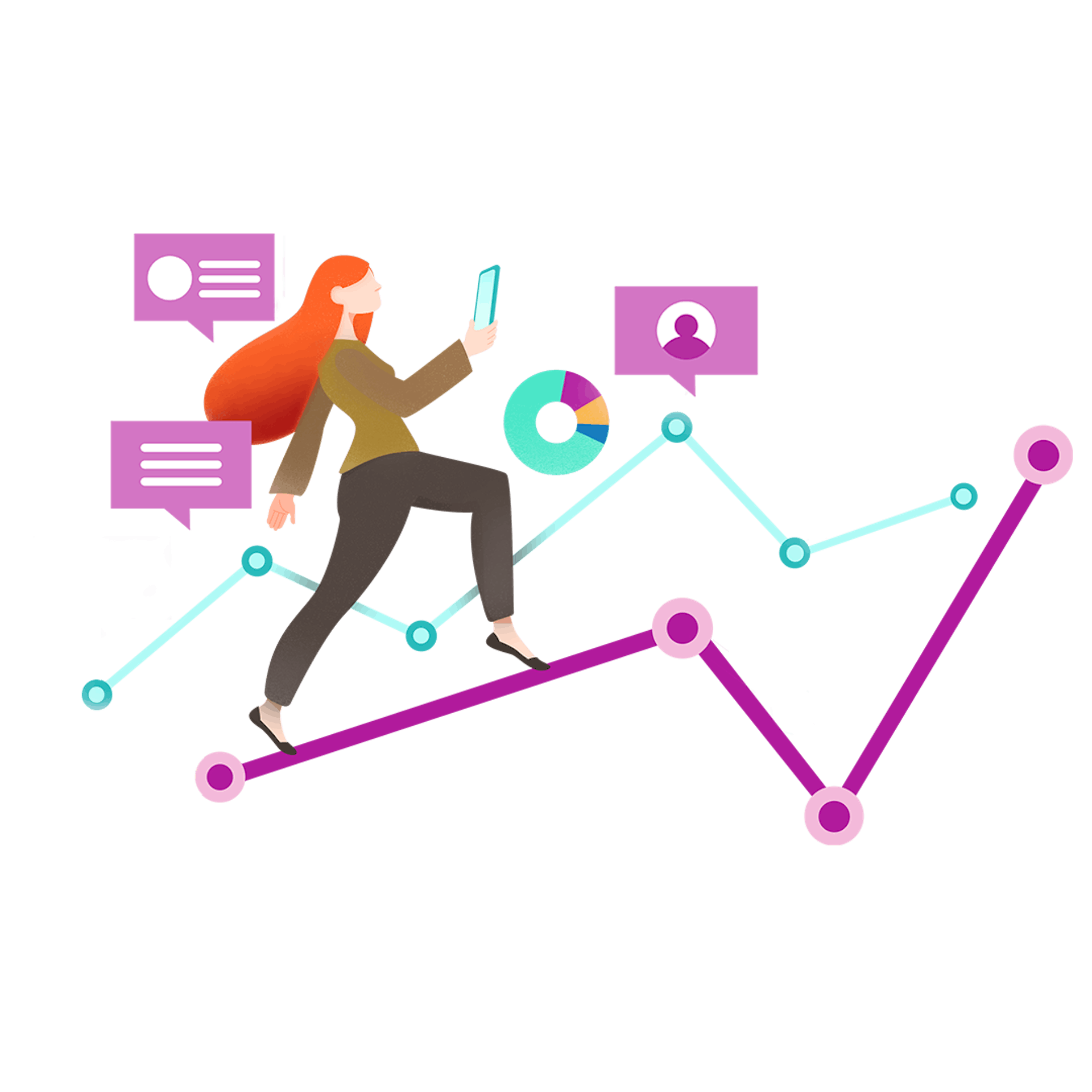 Graphic illustration of a woman balancing on a graph