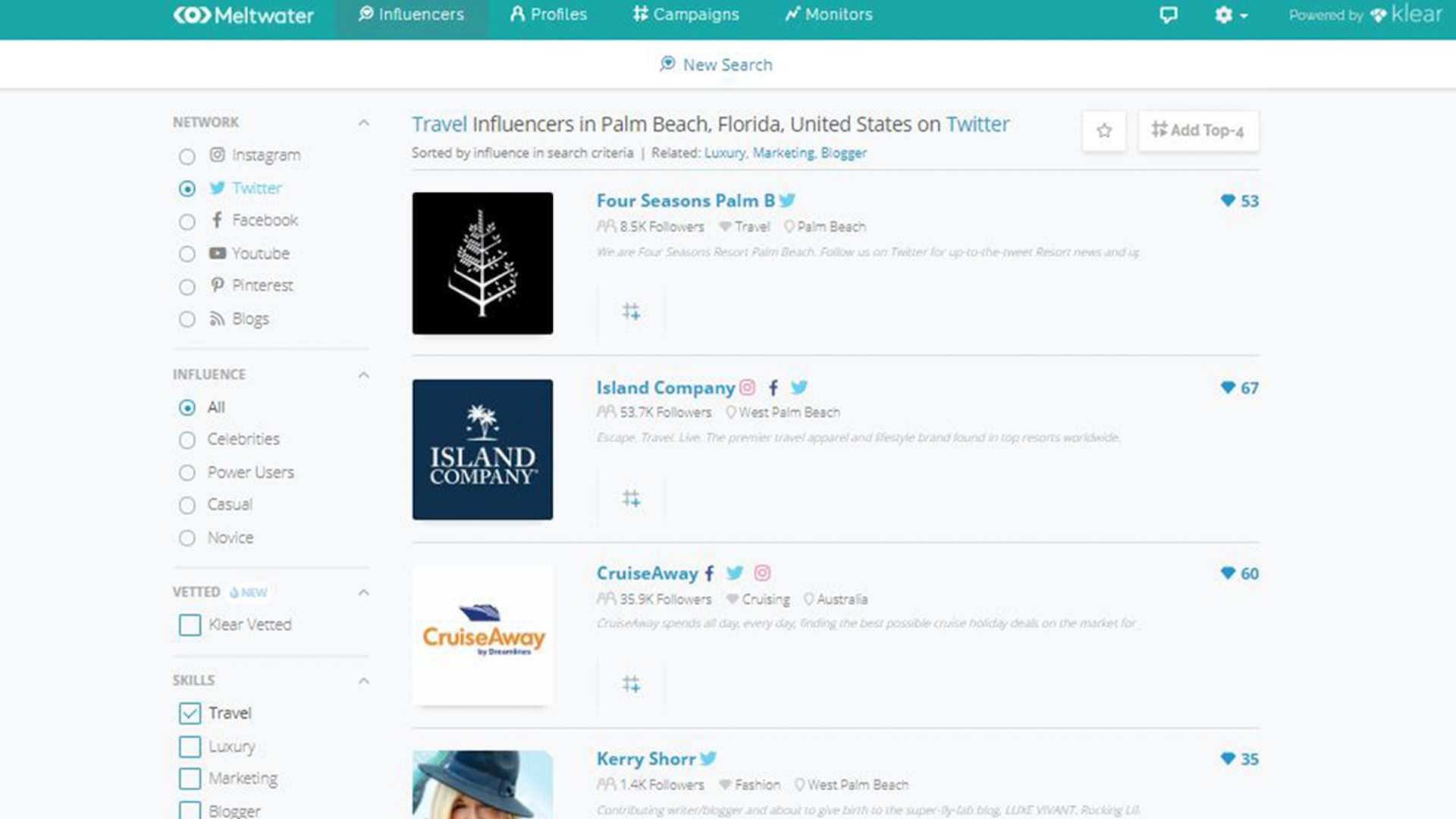 Screenshot of Meltwater's Social Influencer Platform