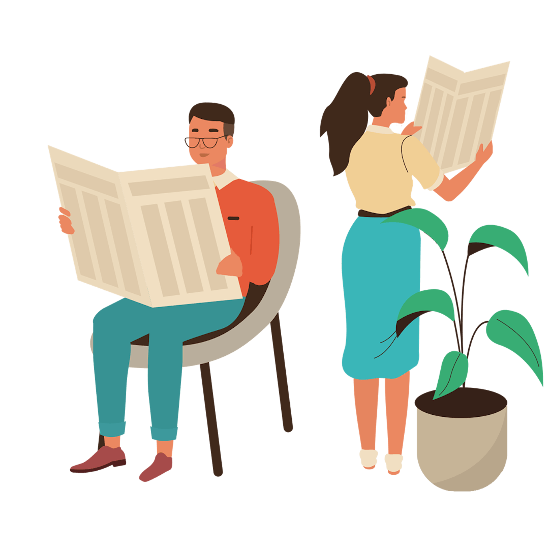 Illustration graphique d’un couple lisant des journaux