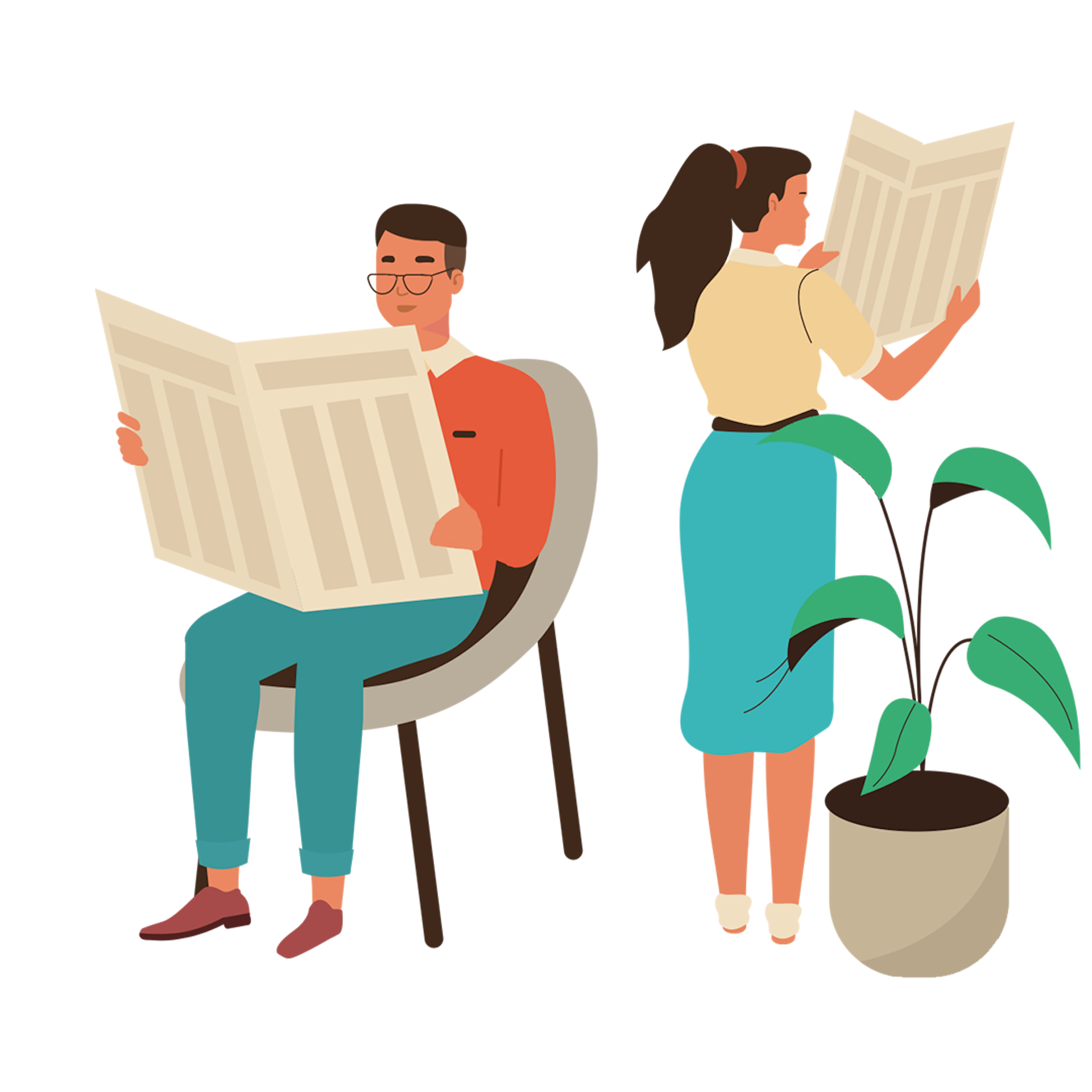 Illustration graphique d’un couple lisant des journaux
