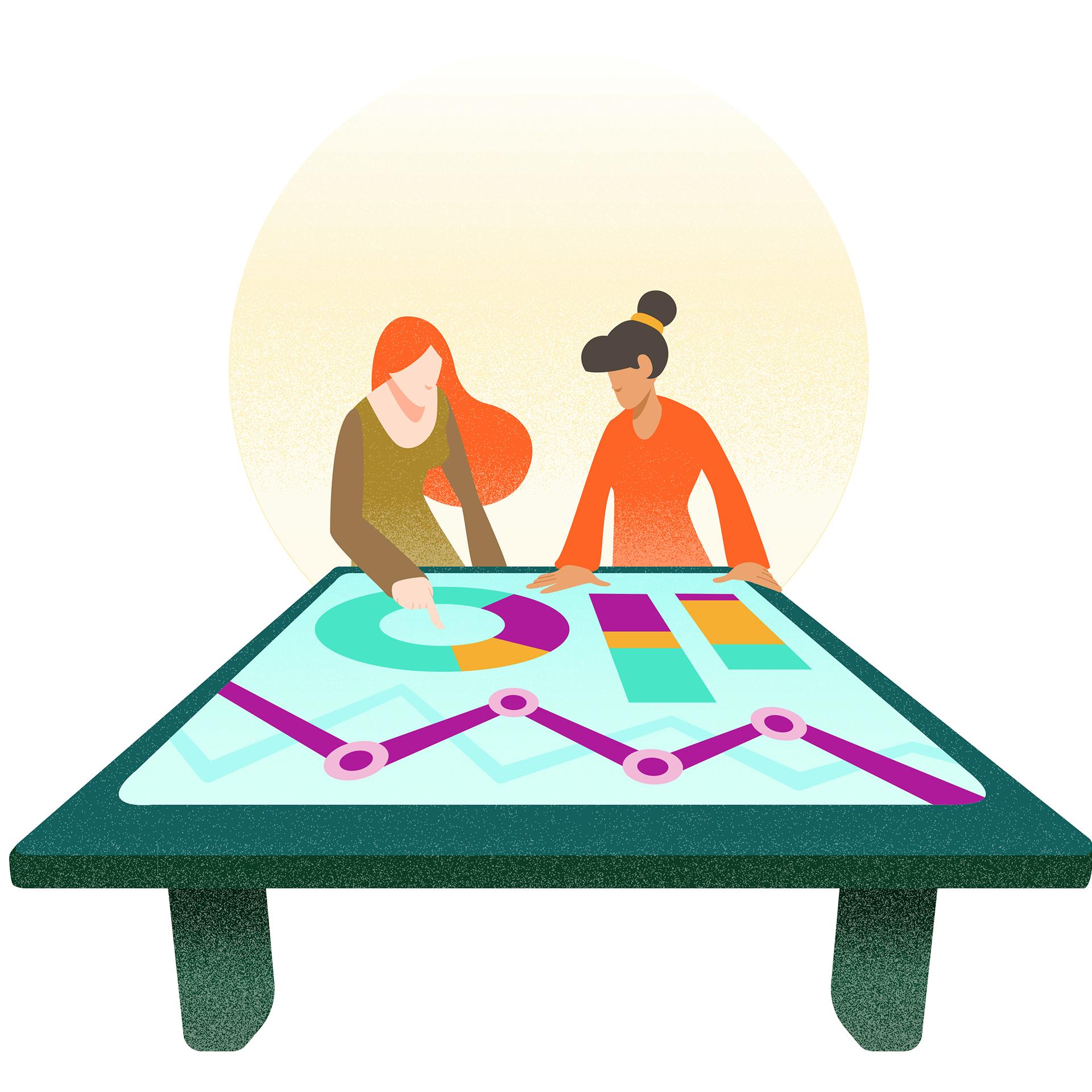 Een illustratie van twee vrouwen die samen kijken naar een tafel waar digitaal grafieken en tabellen op zijn afgebeeld.