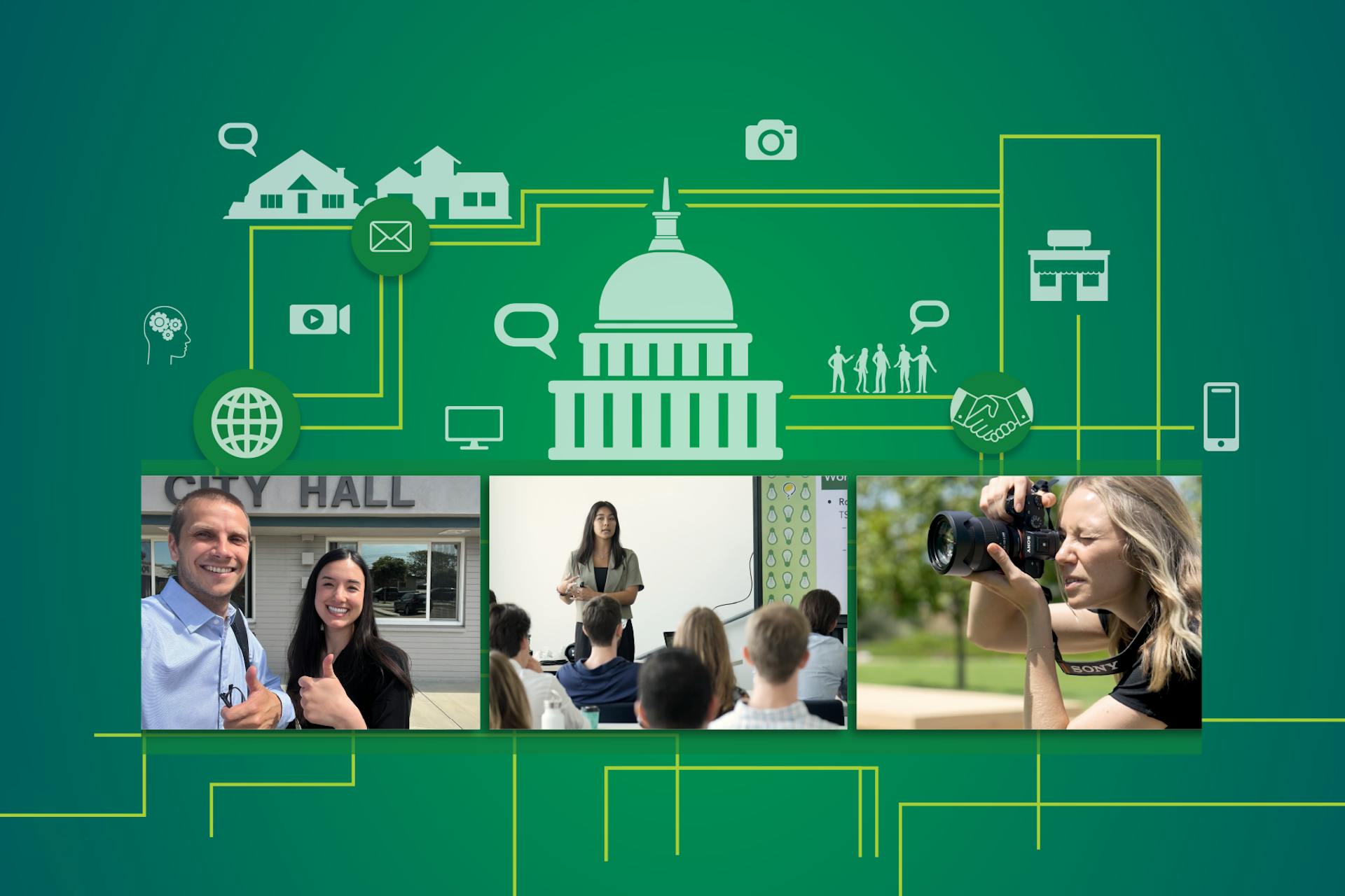 A green illustration of government buildings and connections surrounds photos of people outside of city hall, speaking to a group, and taking a photo, for a Meltwater customer story about marketing firm Tripepi Smith.