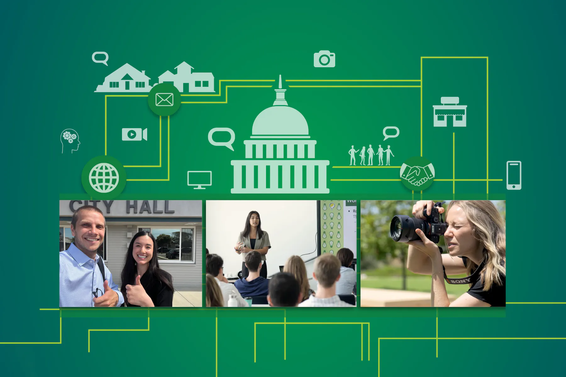 A green illustration of government buildings and connections surrounds photos of people outside of city hall, speaking to a group, and taking a photo, for a Meltwater customer story about marketing firm Tripepi Smith.