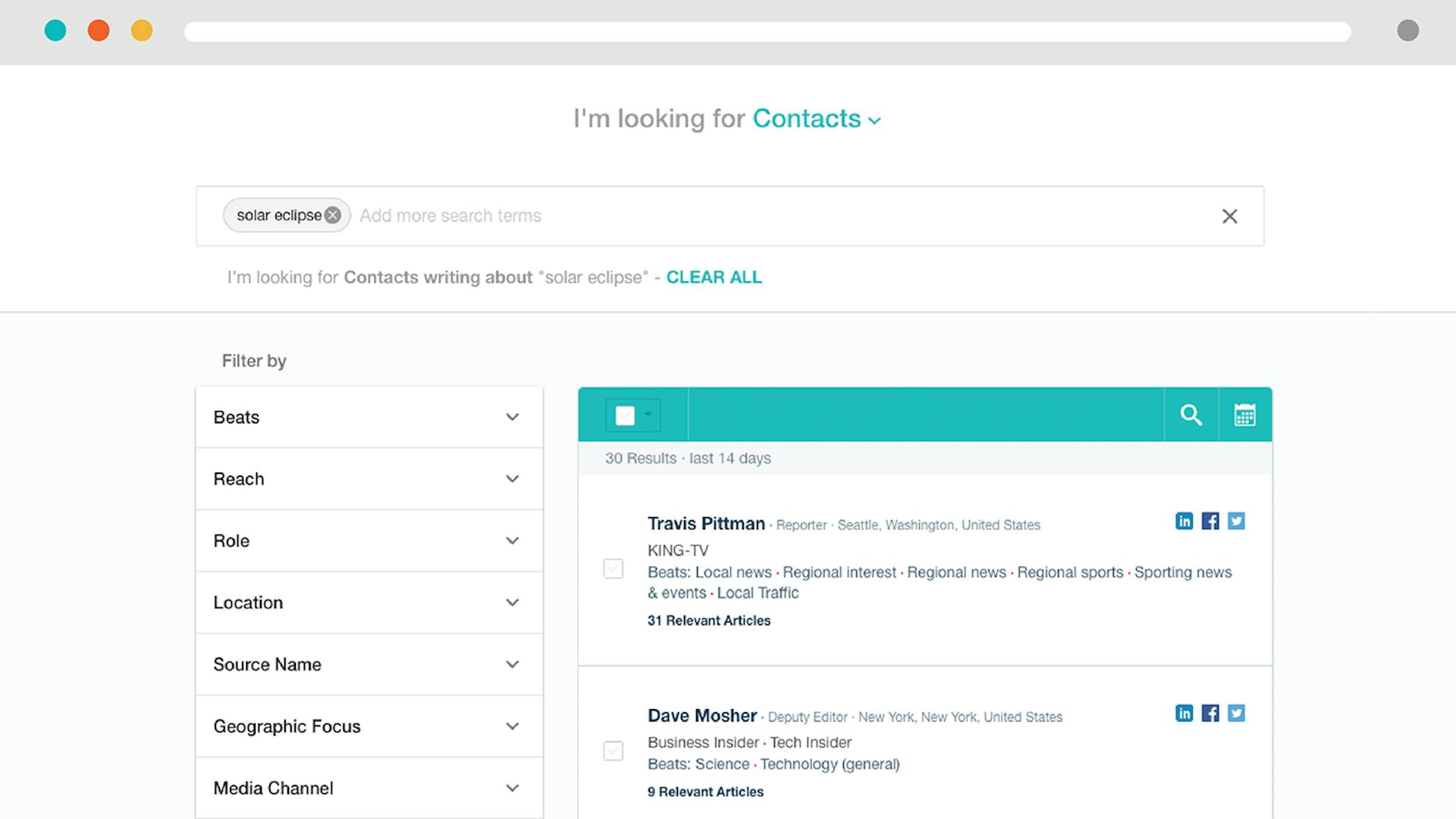 Screenshot of the Meltwater media contact database