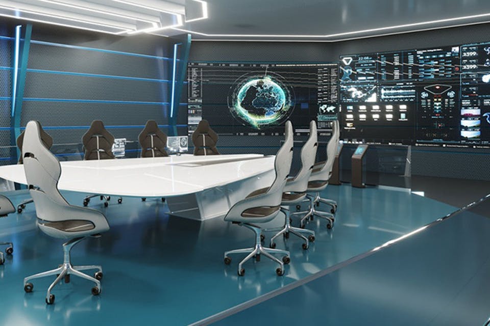 A modern meeting room featuring data visualisation 