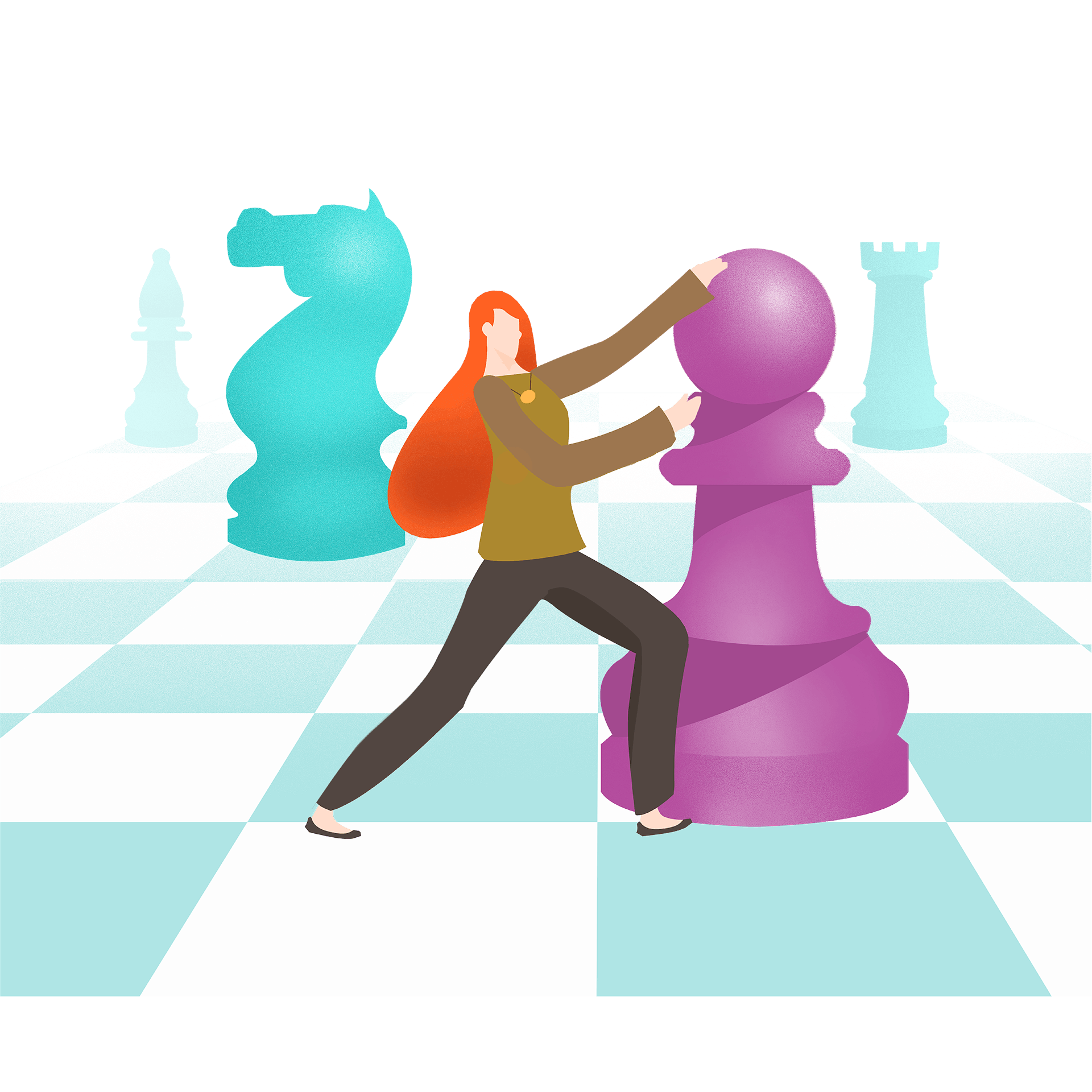 An illustration of a person moving giant chess pieces