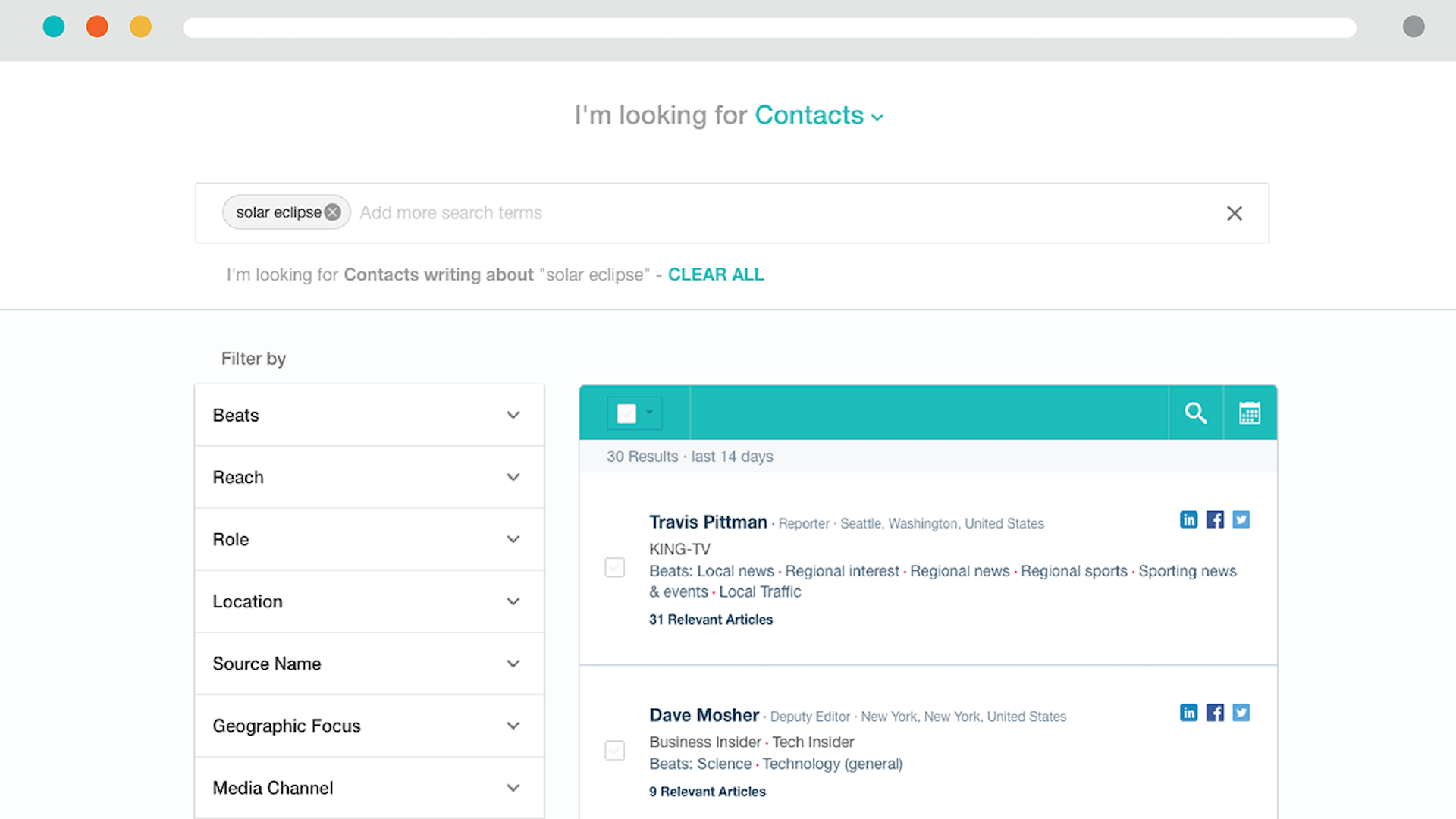 Screenshot of the Meltwater media contact database