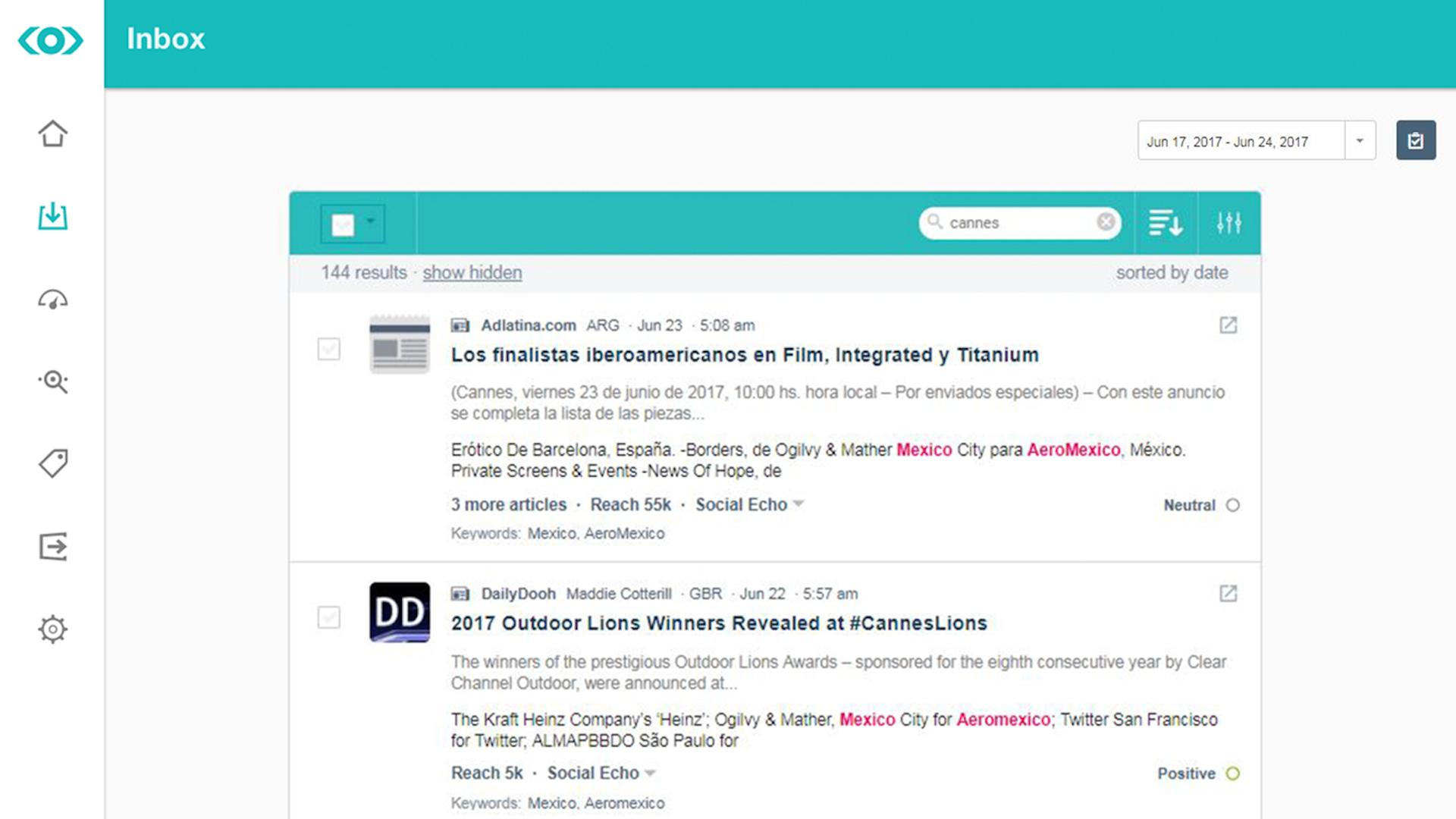 Screenshot of the Meltwater Inbox in the Media Monitoring Suite