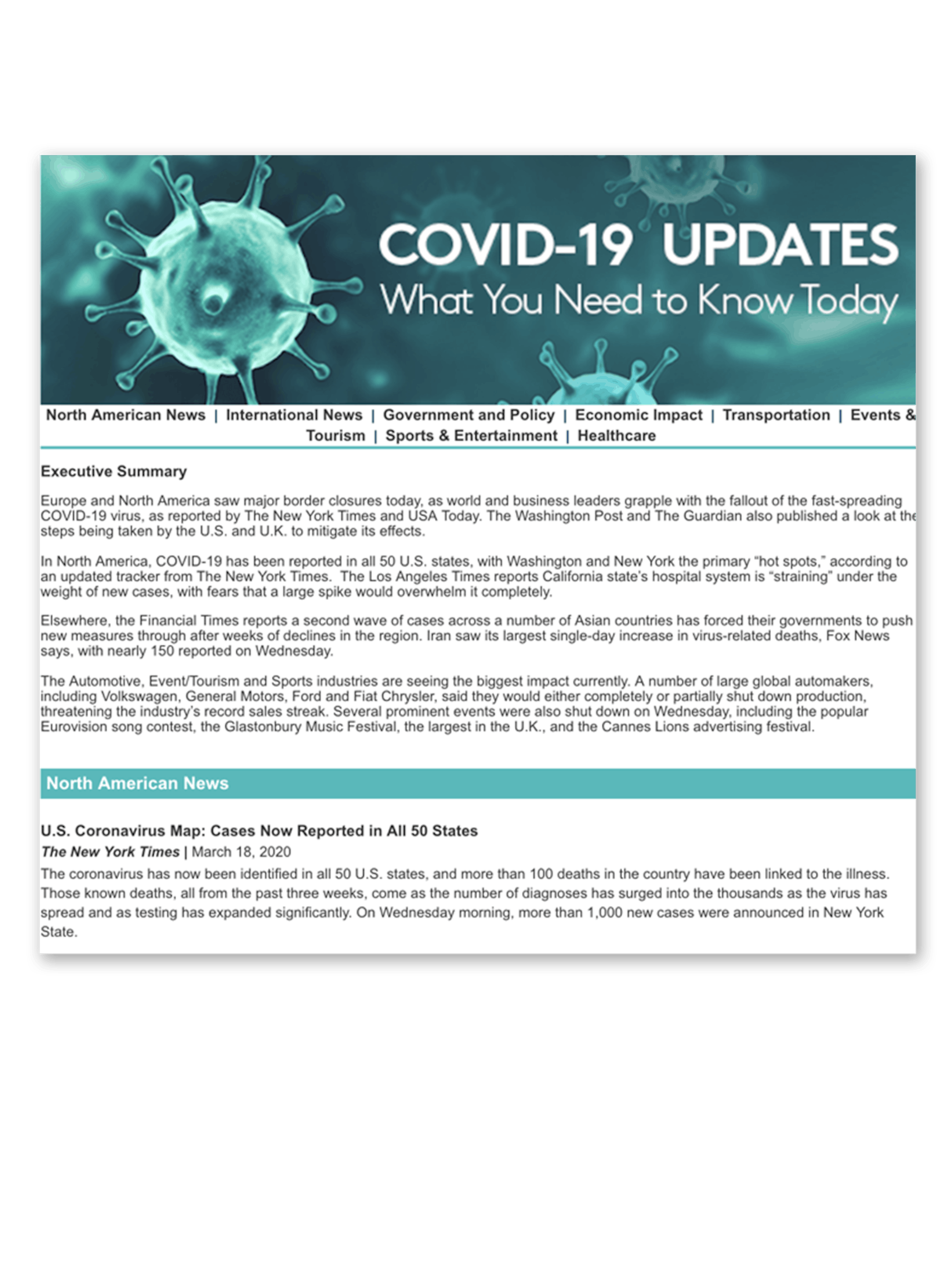 COVID-19 Updates Landing Page from Meltwater