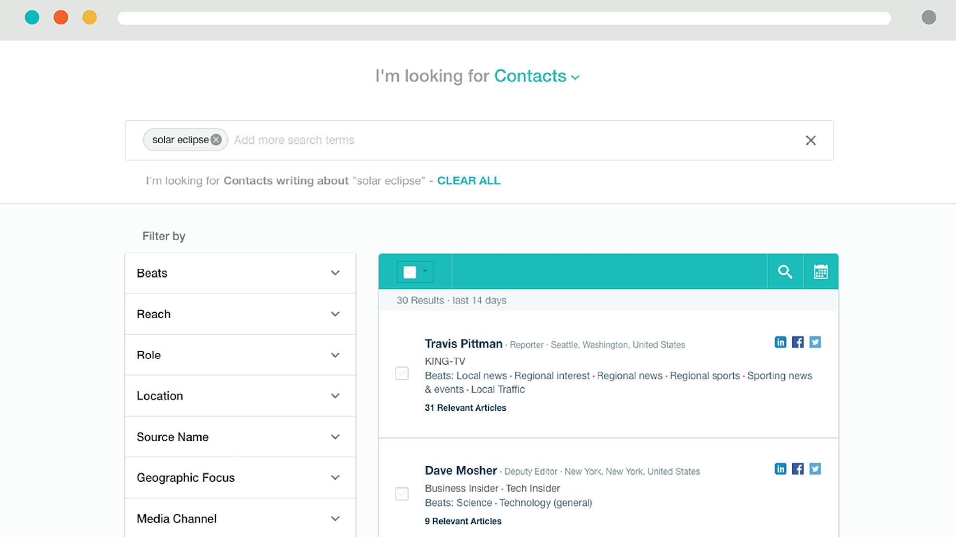 Screenshot of thee Meltwater media contact database search