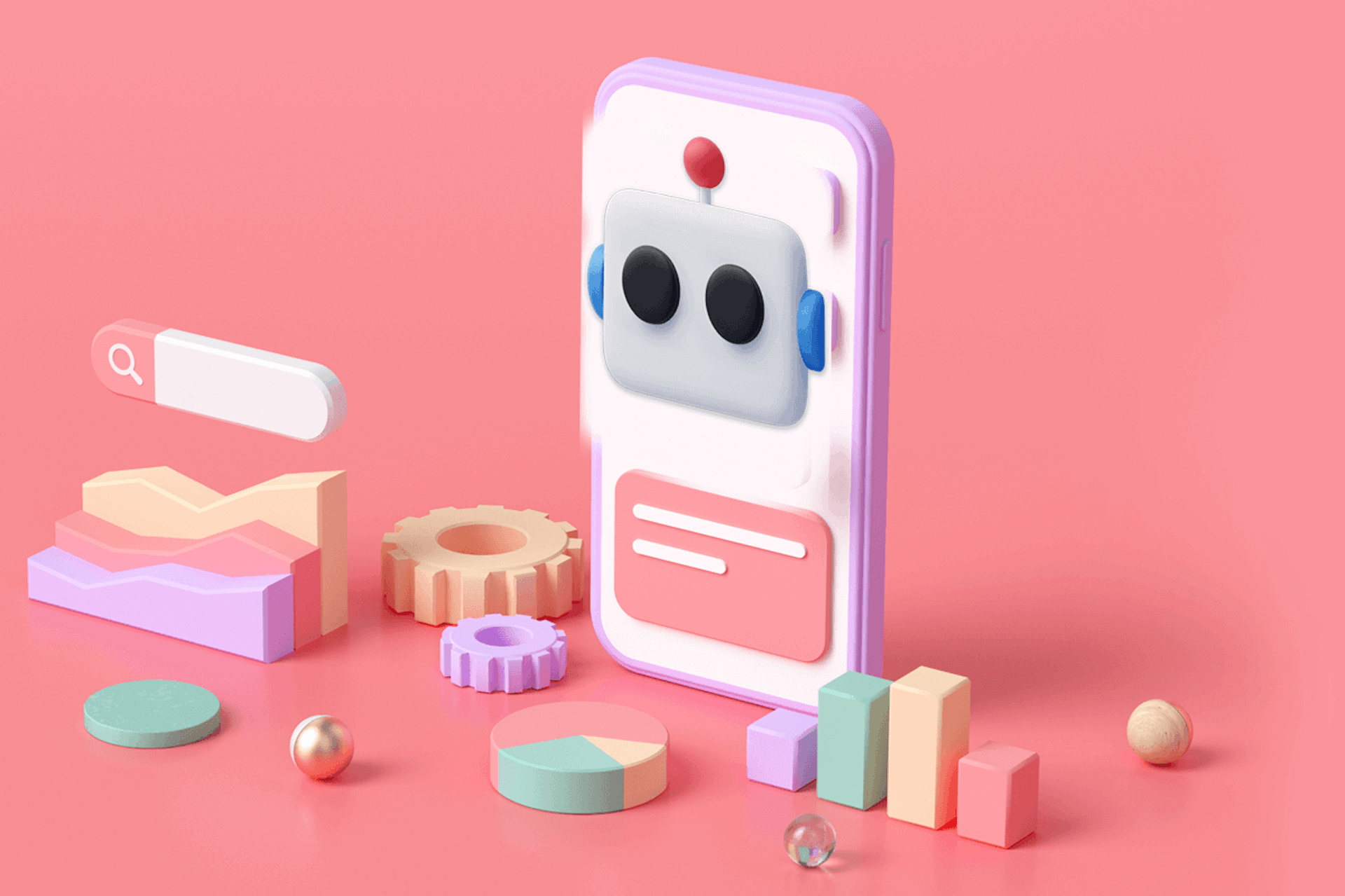 3D Illustration of a smartphone with a bot on it surrounded by AI and data analytics symbols