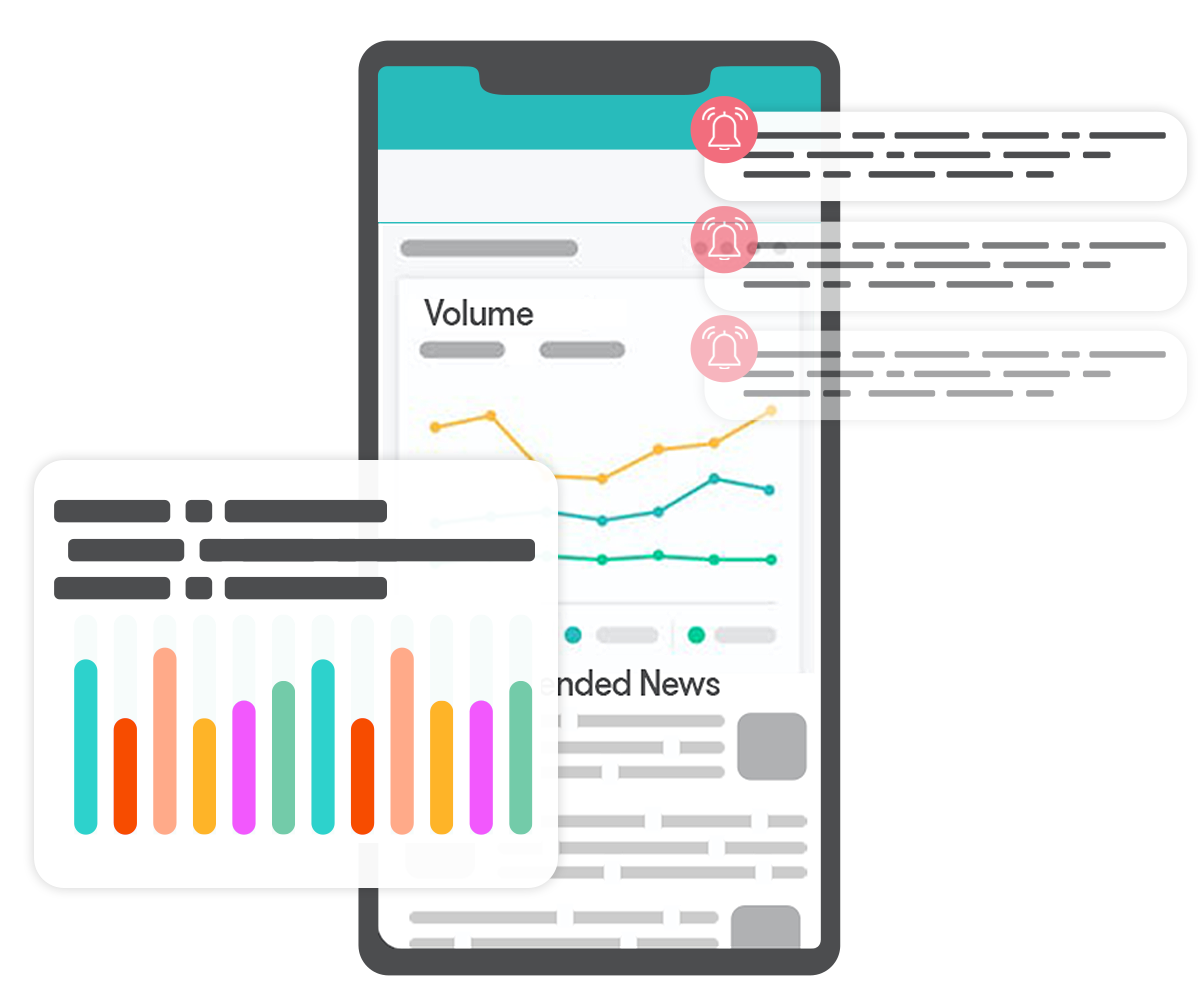 Graphic illustration of mobile phone alerts for media data
