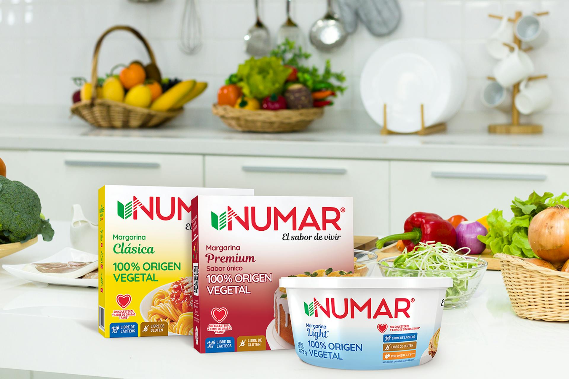 An image of three Numar brand vegetable spread products on a kitchen counter covered with baskets of vegetables in this image for a Meltwater case study of Grupo Numar