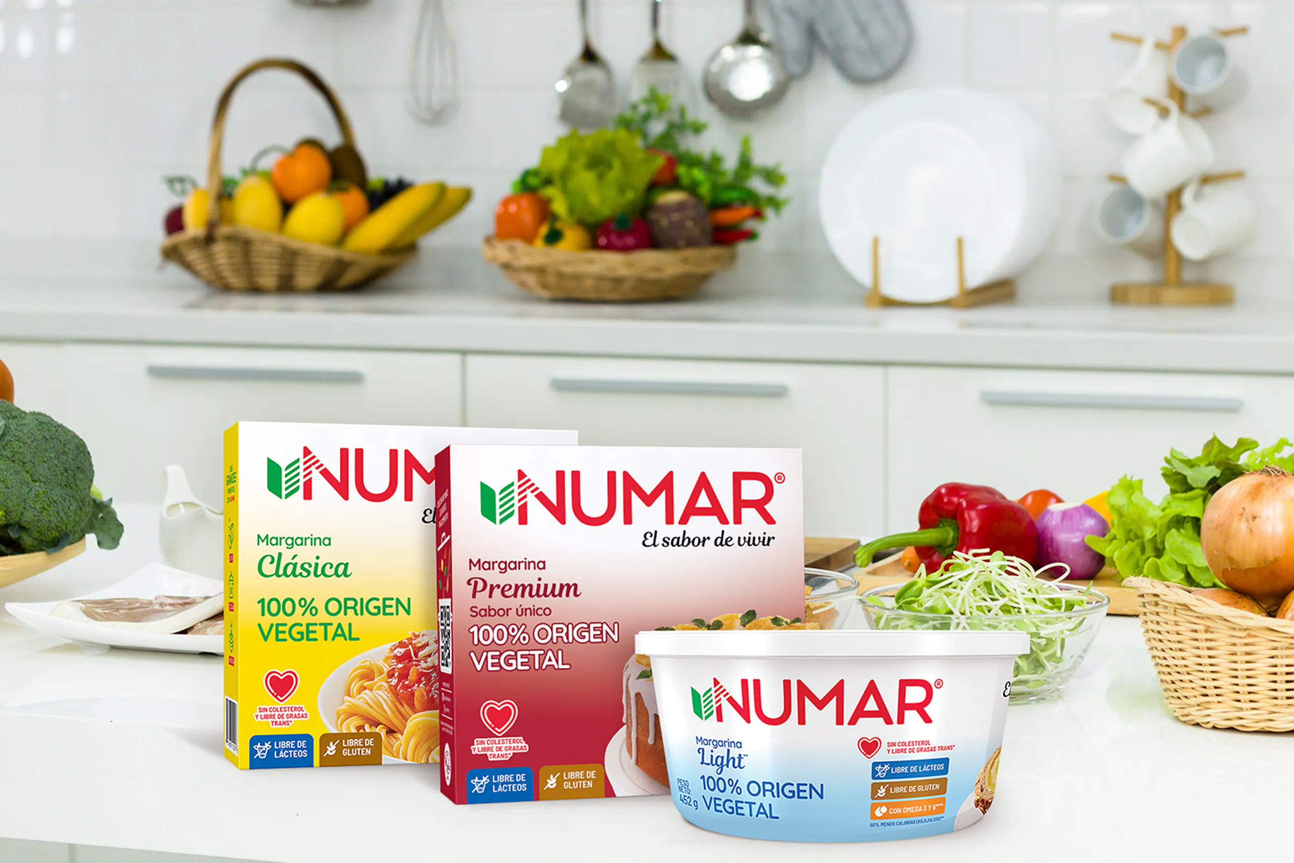 An image of three Numar brand vegetable spread products on a kitchen counter covered with baskets of vegetables in this image for a Meltwater case study of Grupo Numar