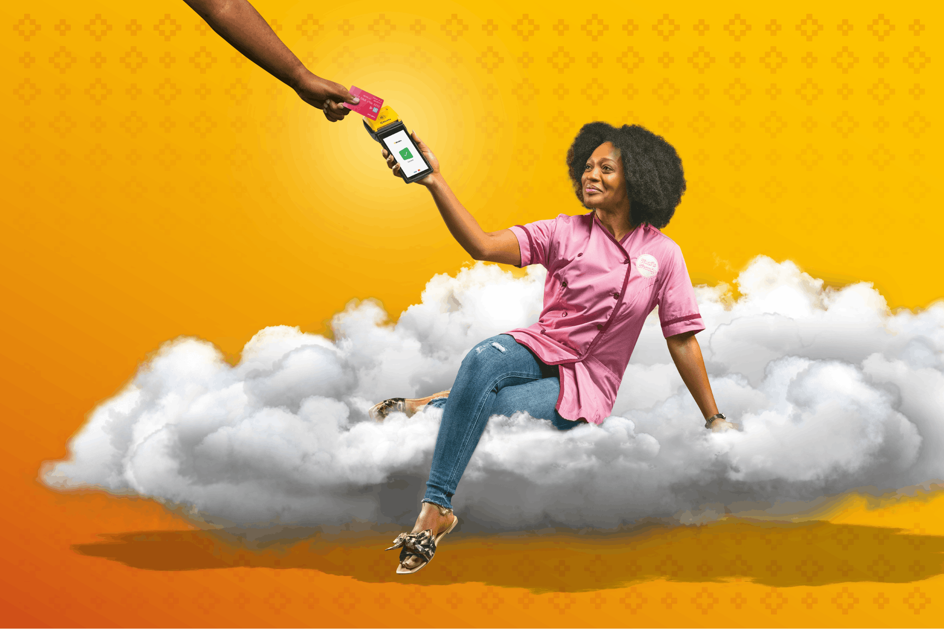 An image of a woman sitting on a cloud with a phone in her hand as an arm reaches down from above with a credit card, beside the words Believe in Better, for Meltwater's customer story about iKhokha.