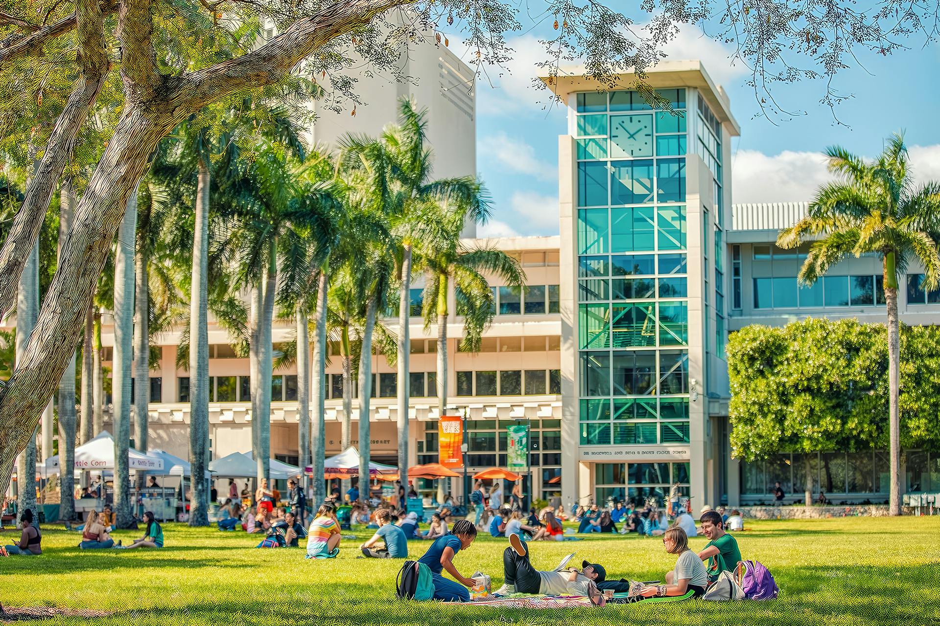 A photo of showing palm trees, students on a lawn, and a tall glass building on the University of Miami campus