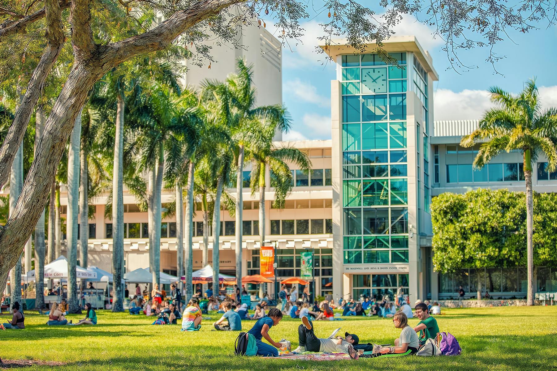 A photo of showing palm trees, students on a lawn, and a tall glass building on the University of Miami campus