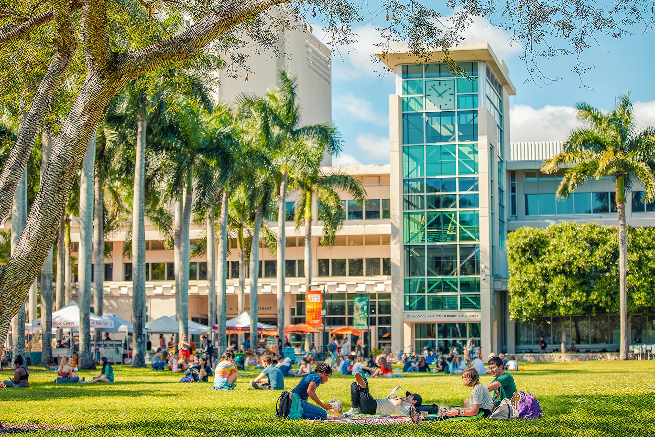 A photo of showing palm trees, students on a lawn, and a tall glass building on the University of Miami campus